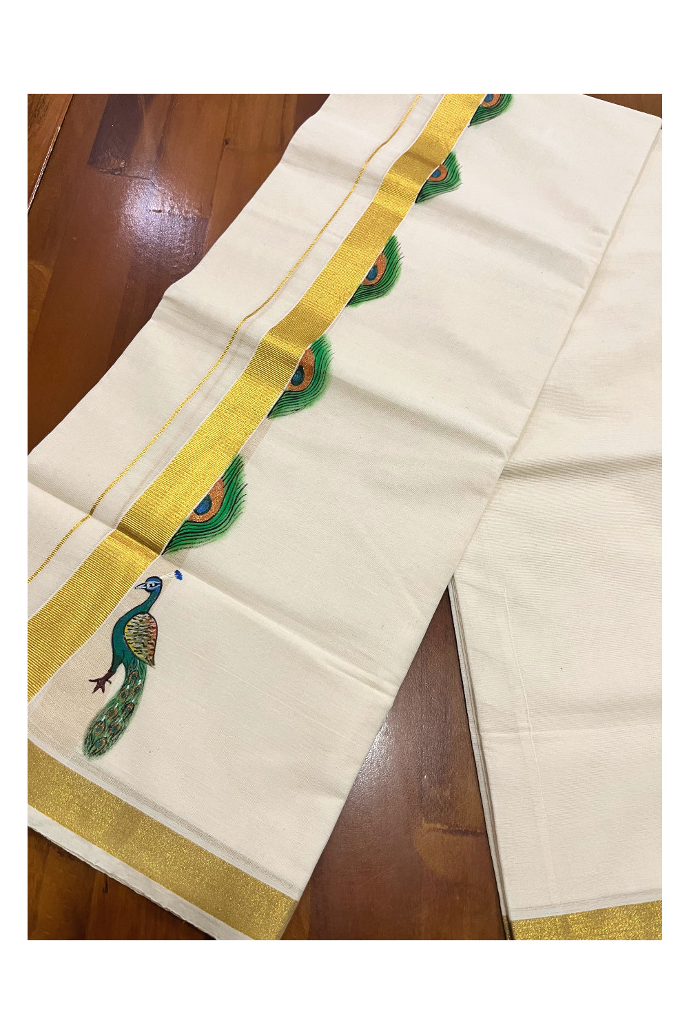 Kerala Pure Cotton Double Mundu with Peacock Mural Painted Design on Kasavu Border (South Indian Kerala Dhoti)