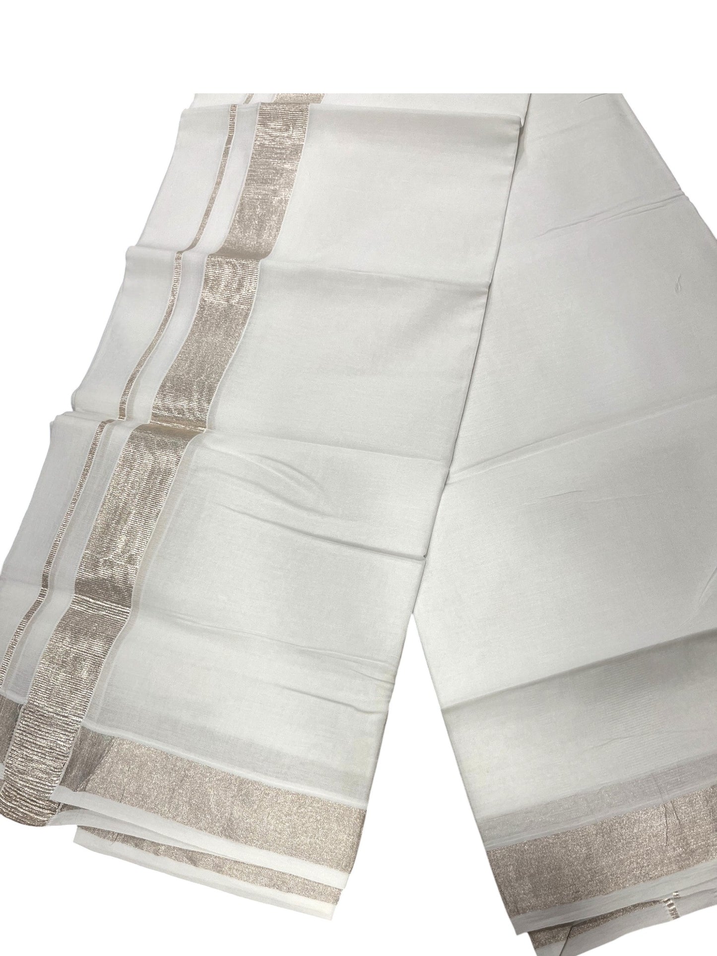 Pure White Cotton Double Mundu with Silver Kara (South Indian Dhoti)