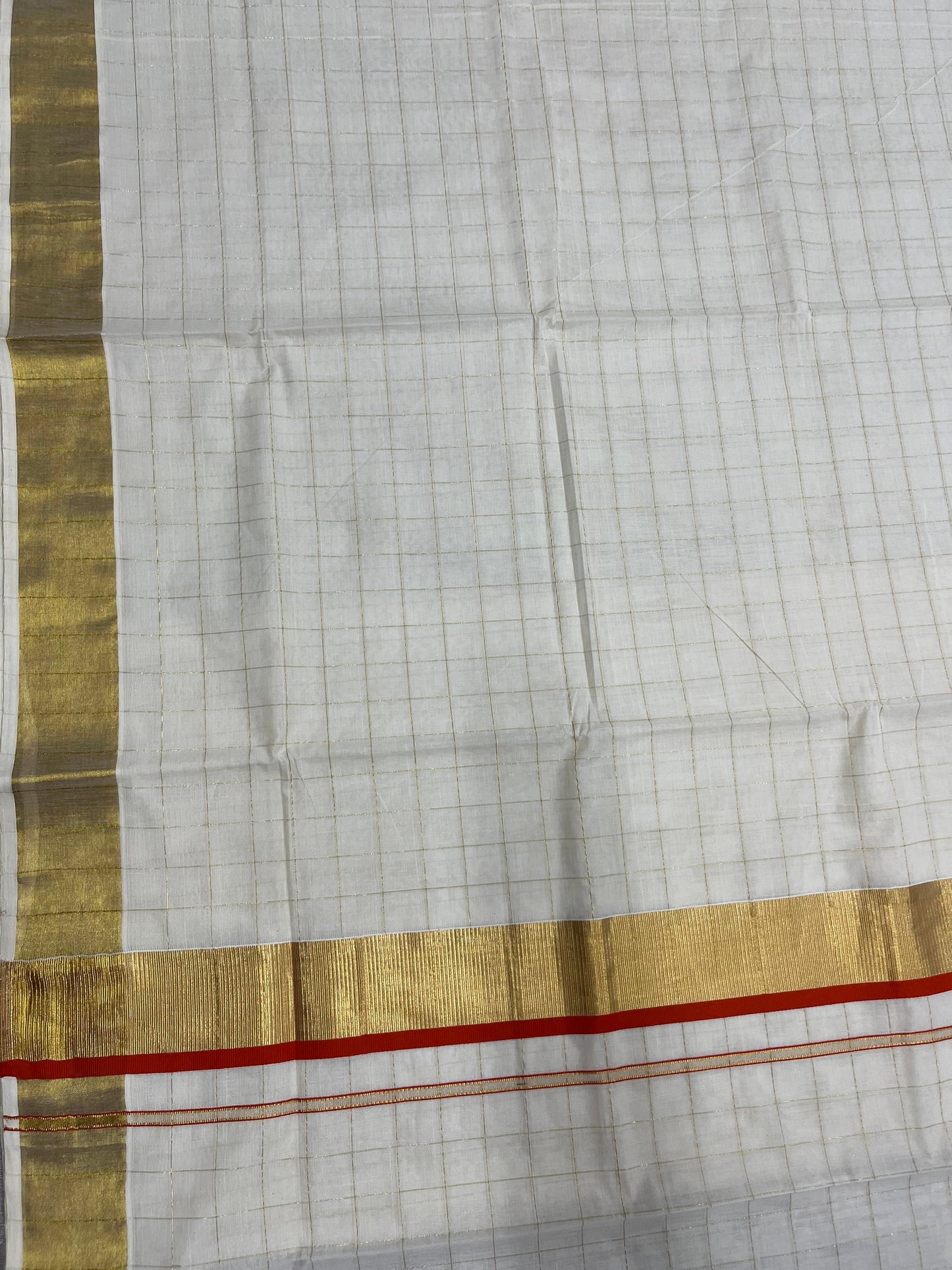 Southloom Pure Cotton  Kerala  Kasavu Woven Check Saree with Orange Border