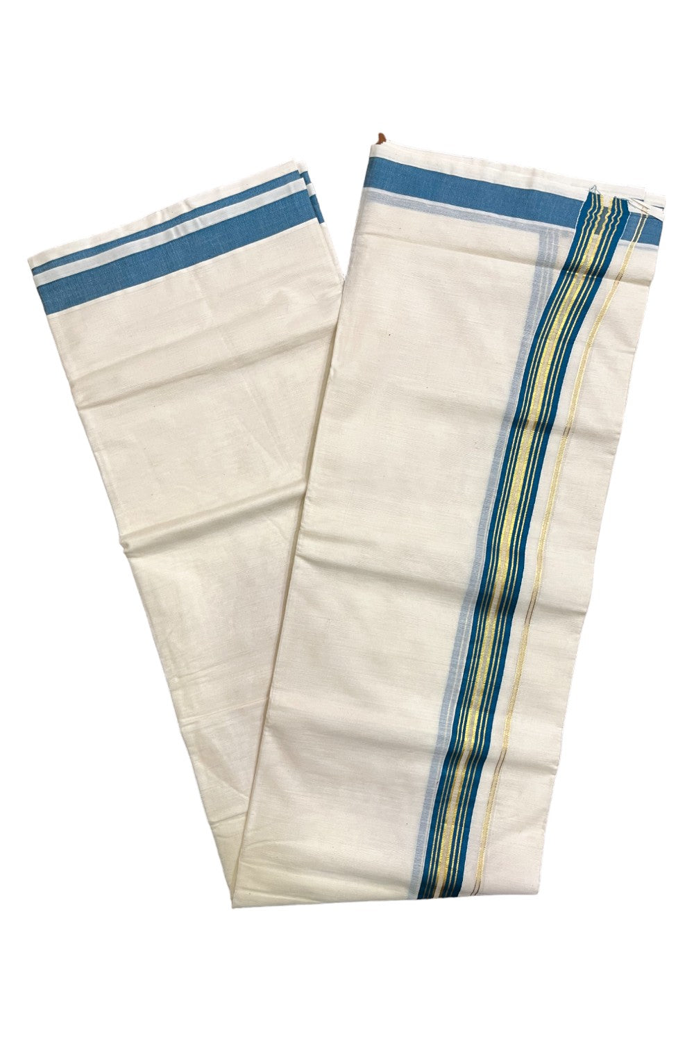 Kerala Pure Cotton Double Mundu with Teal Blue and Kasavu Lines Border (South Indian Kerala Dhoti)