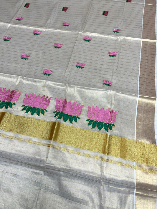 Southloom Kerala Tissue Lines Kasavu Saree with Pink And Green Lotus Embroidery Works