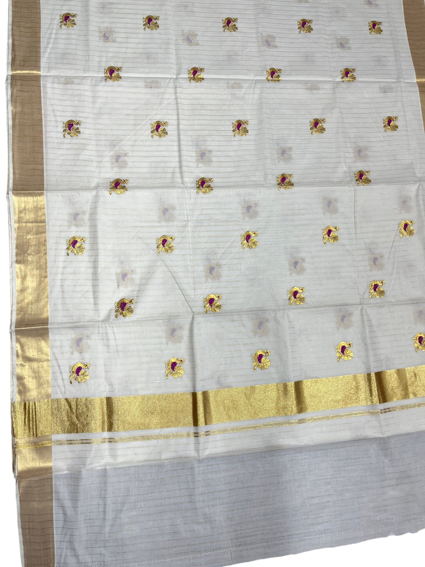 Southloom Cotton Kerala Kasavu Lines Saree with Peacock Embroidery Work on Body in Magenta