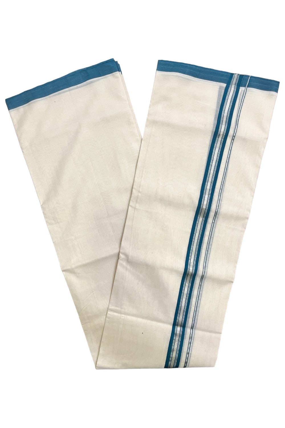 Premium Balaramapuram Handloom Unakkupaavu Cotton Double Mundu with Dark Green and Silver Kasavu Border (Vishu 2024 Collection)
