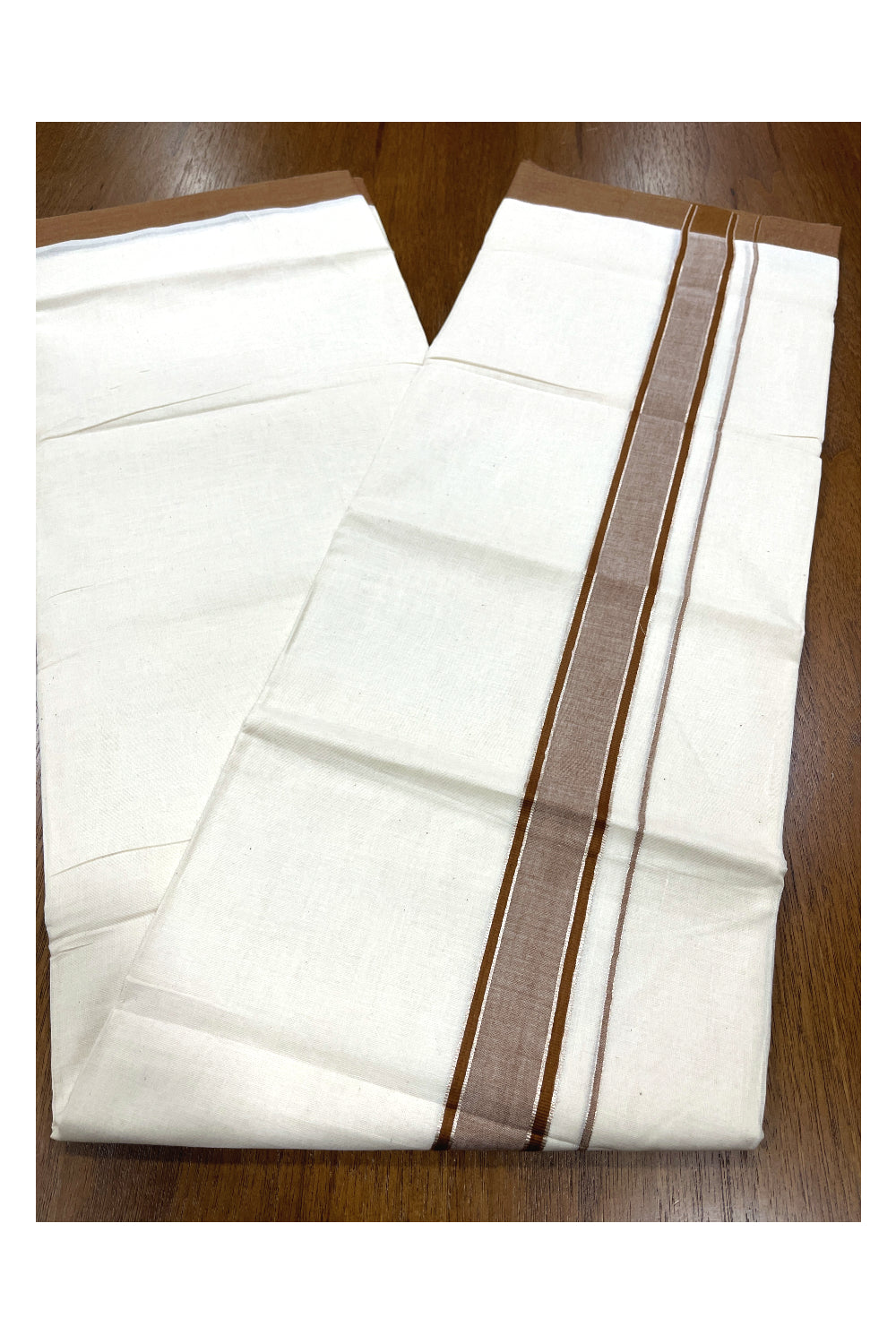 Pure Cotton Double Mundu with Silver Kasavu and Brown Border (South Indian Kerala Dhoti)