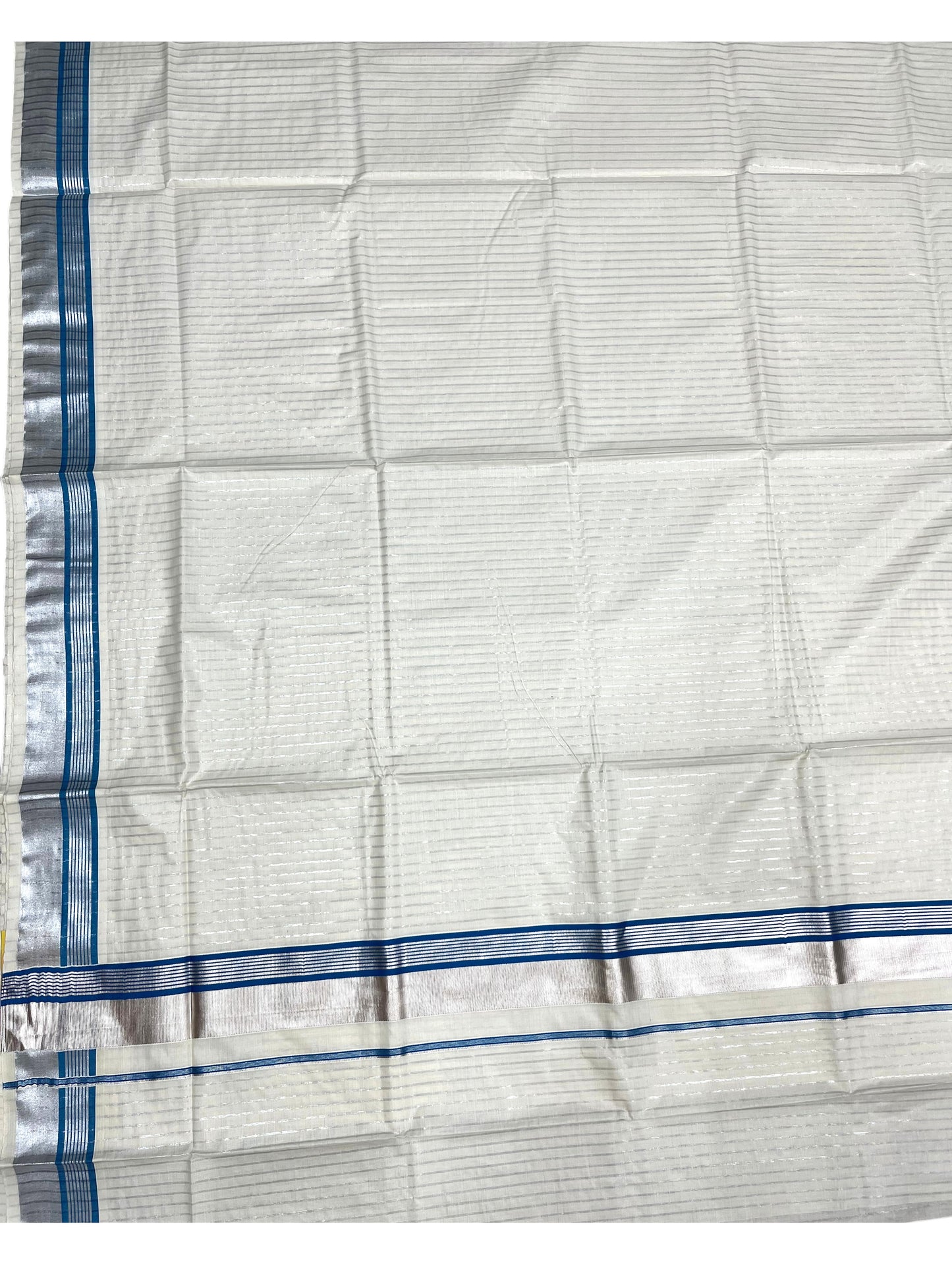 Southloom Pure Cotton Kerala Silver Kasavu Lines Saree with Blue and Silver Border