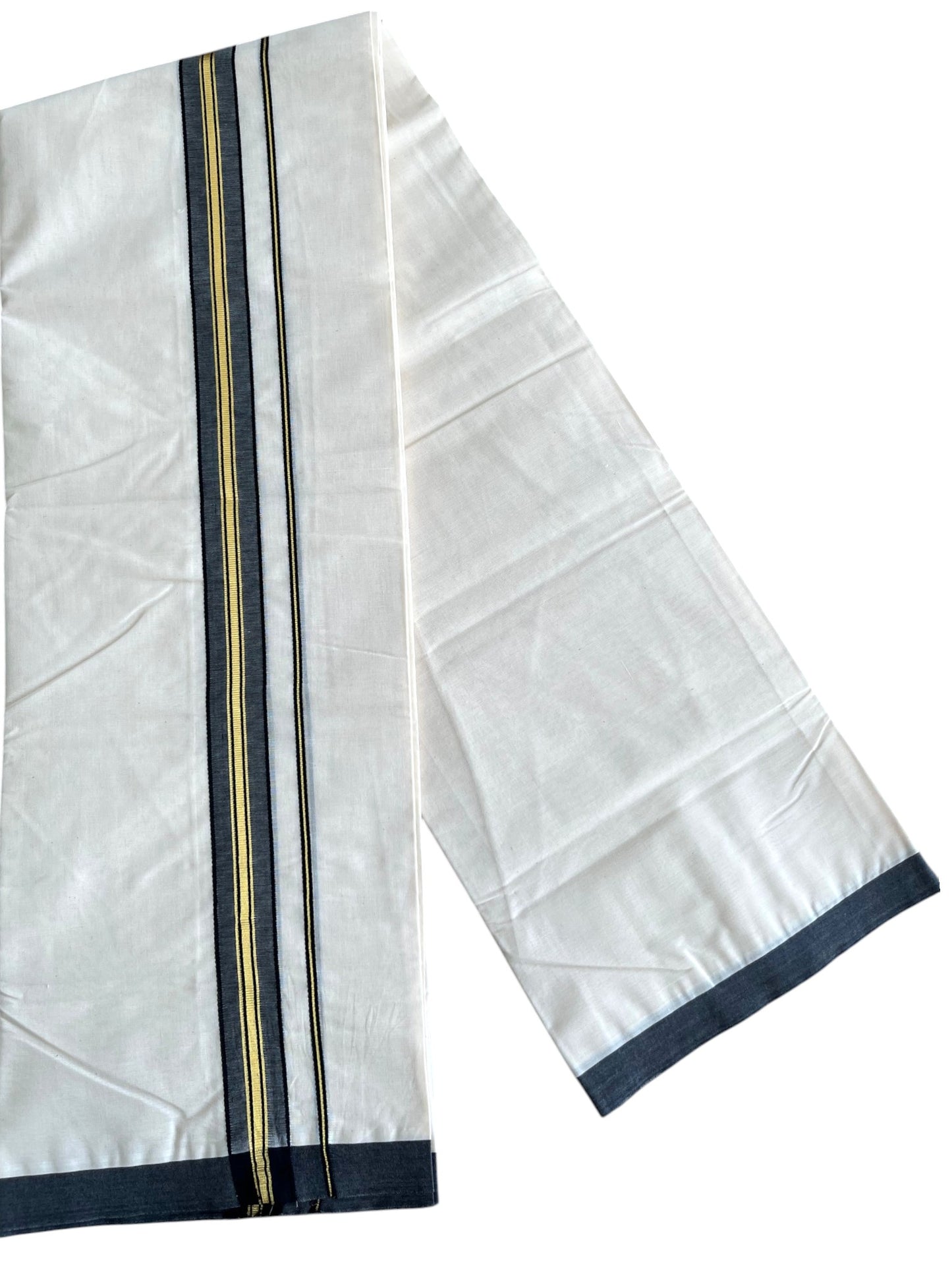 Southloom Pure Cotton Mundu with Golden Lines and Black Border (South Indian Kerala Dhoti)