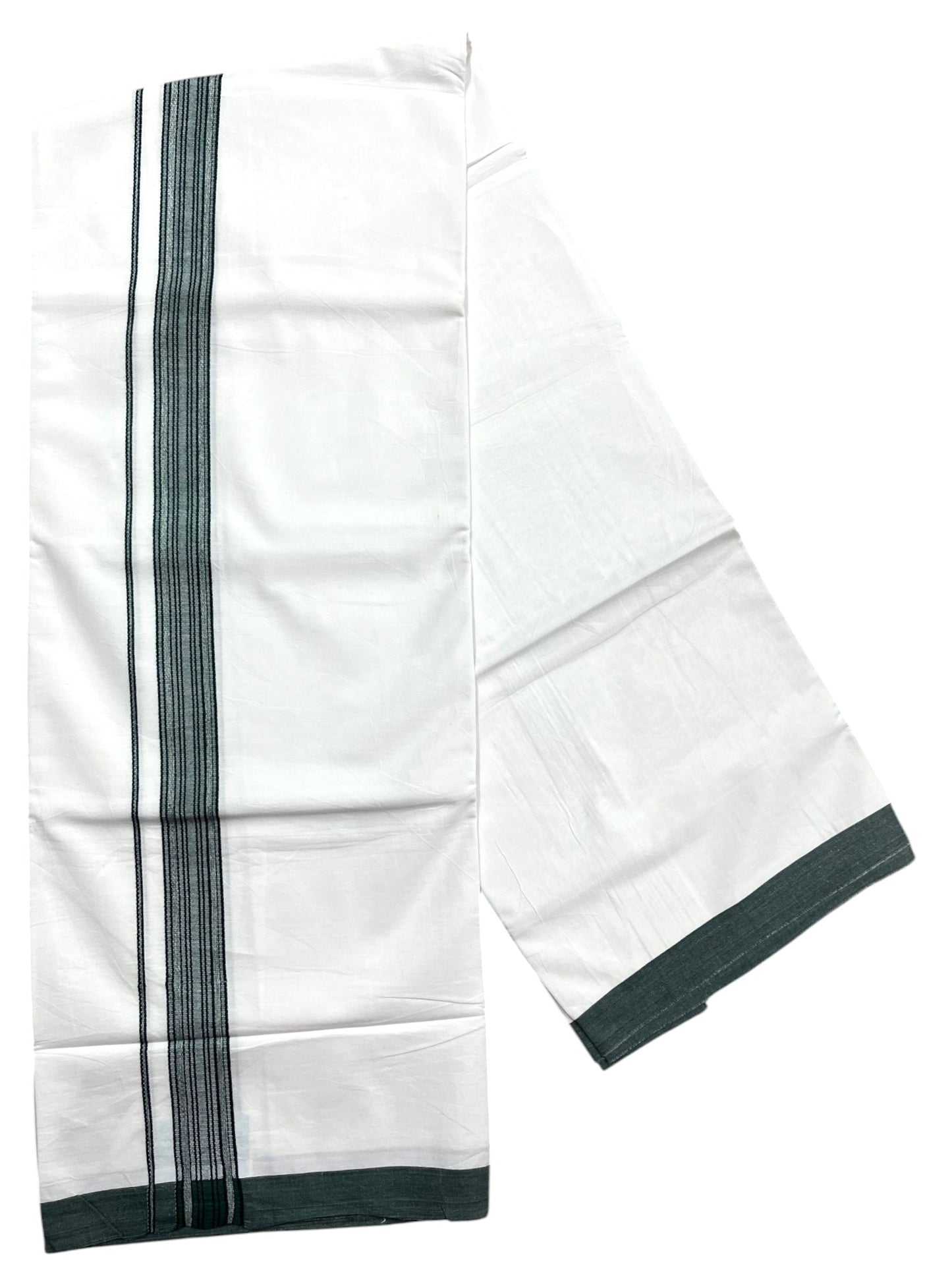 Southloom Pure White Cotton Mundu with Green Lines Border (South Indian Kerala Dhoti)