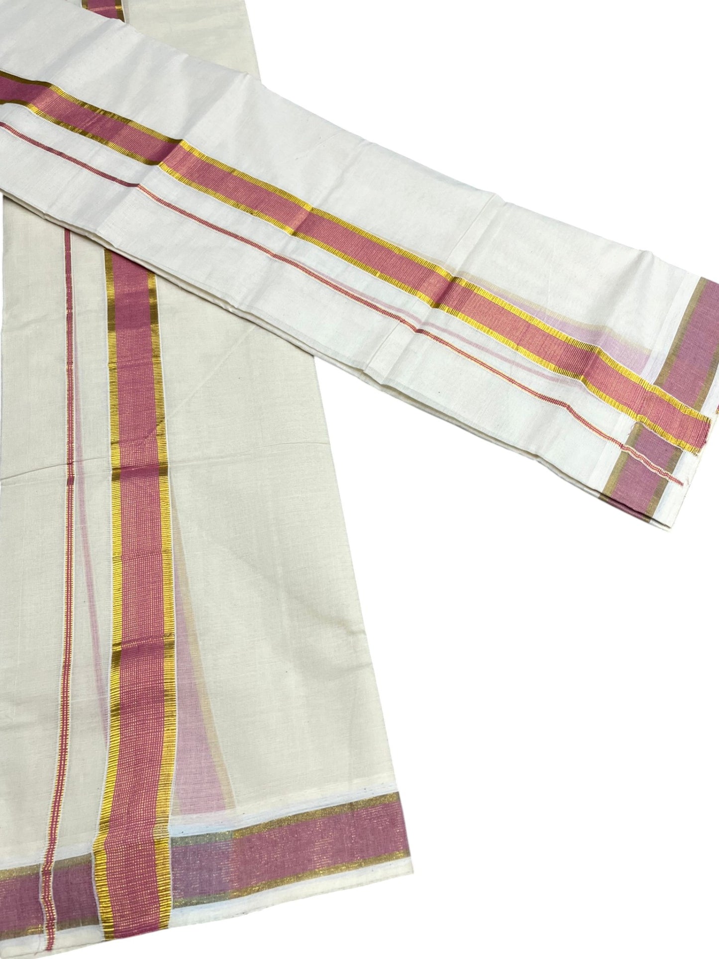 Southloom Pure Cotton Kerala Kasavu Set Mundu (Mundum Neriyathum) Kasavu & Light Pink Border in 2.80 Mtrs SLKK SL470