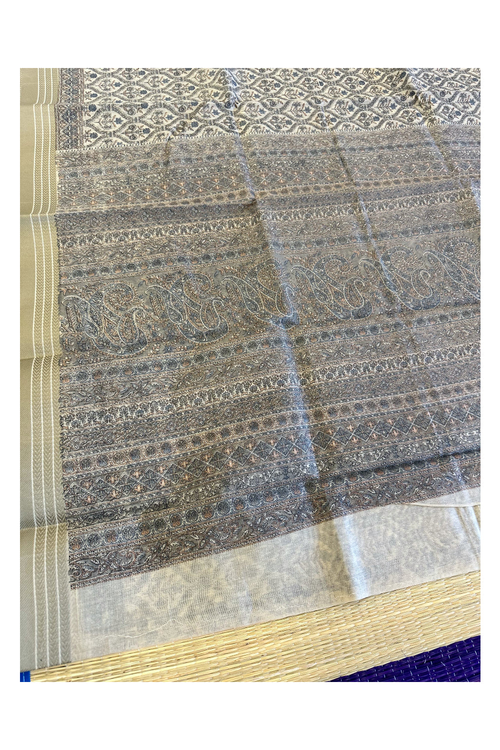 Southloom Chanderi Saree with Blue Floral Prints in Light Brown