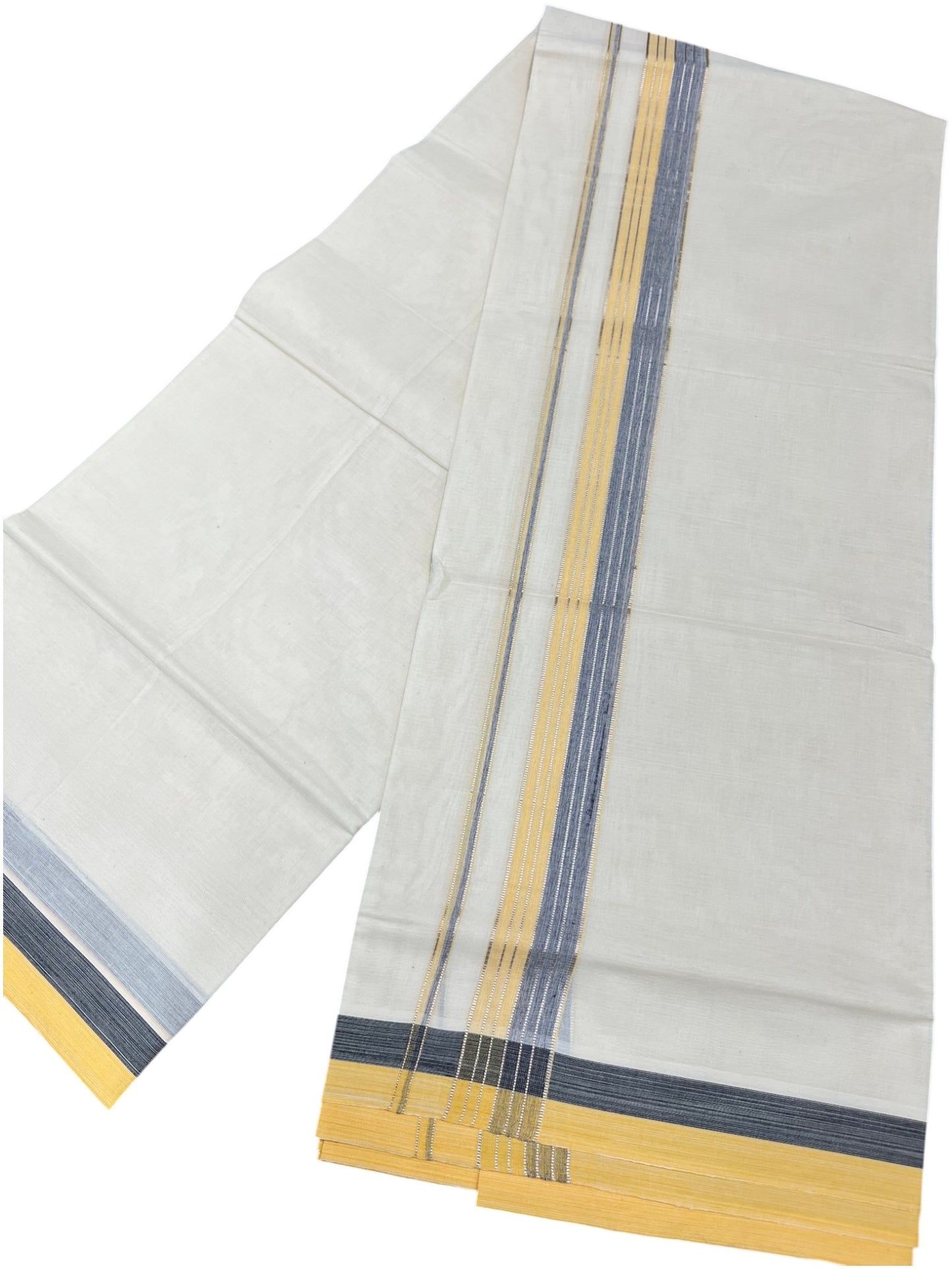 Southloom Kerala Pure Cotton Double Mundu with Grey Lines and Yellow Border with (South Indian Dhoti)