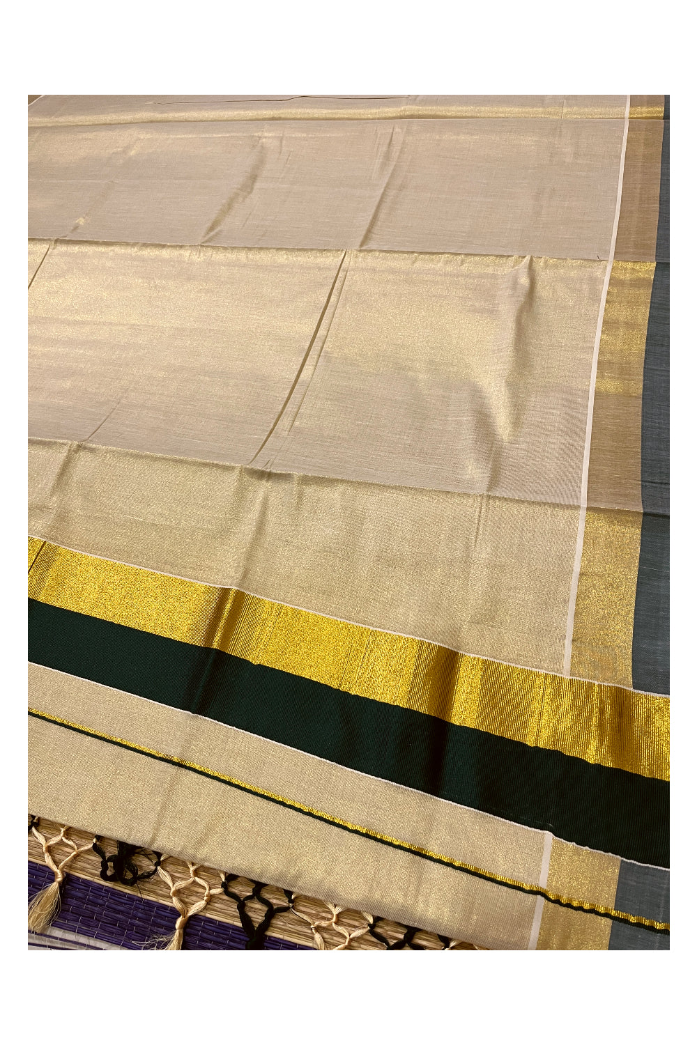 Kerala Tissue Kasavu Plain Saree with Kasavu and Green Border