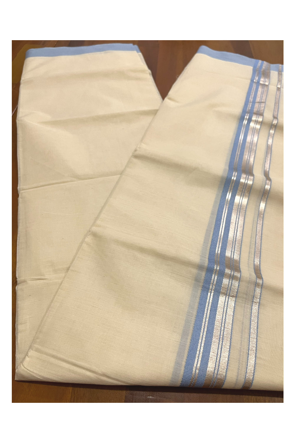 Pure Cotton 100x100 Double Mundu with Silver Kasavu and Light Blue Border (Onam Mundu 2023)