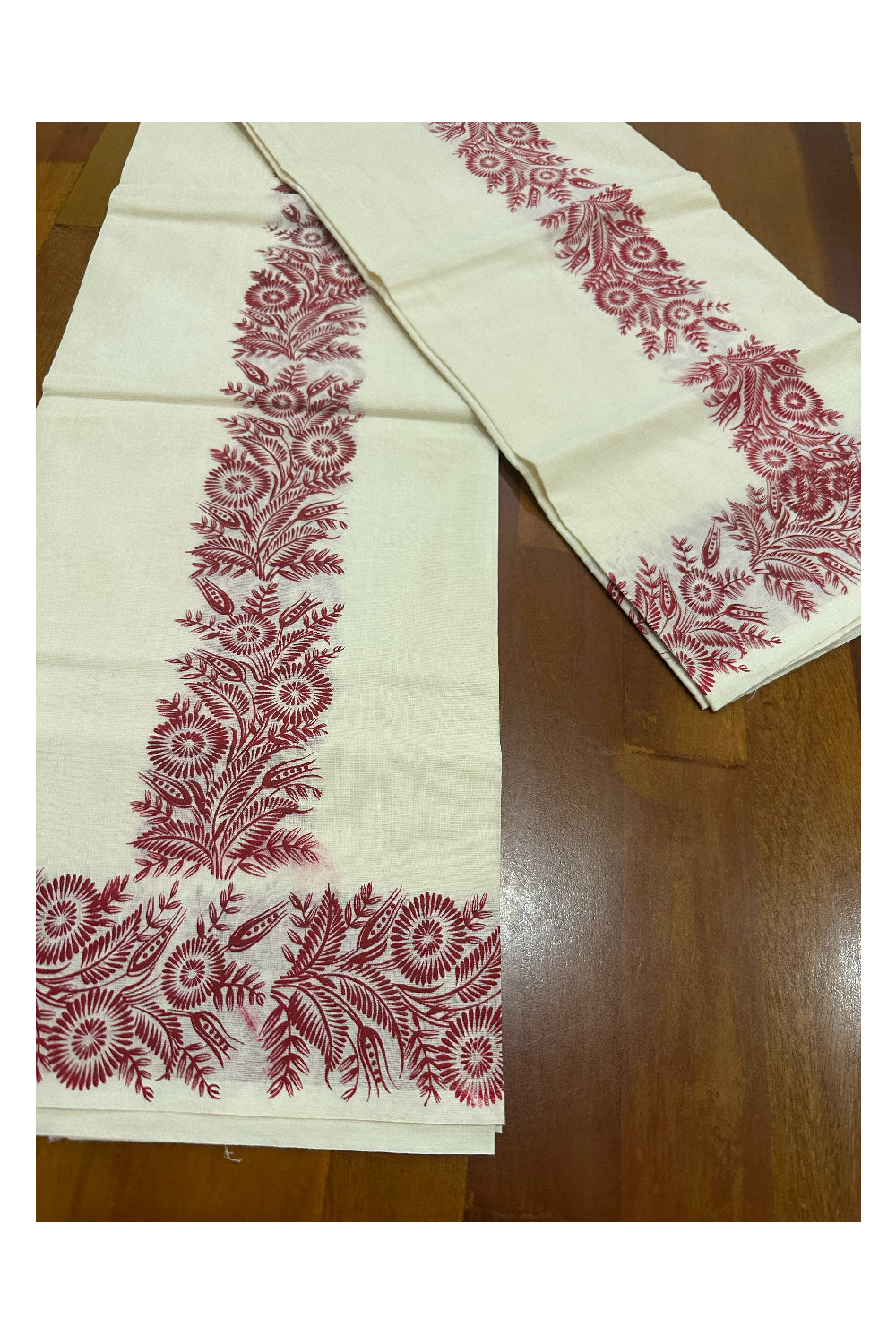 Kerala Cotton Set Mundu (Mundum Neriyathum) with Maroon Floral Block Printed Border (Onam Set Mundu 2023)