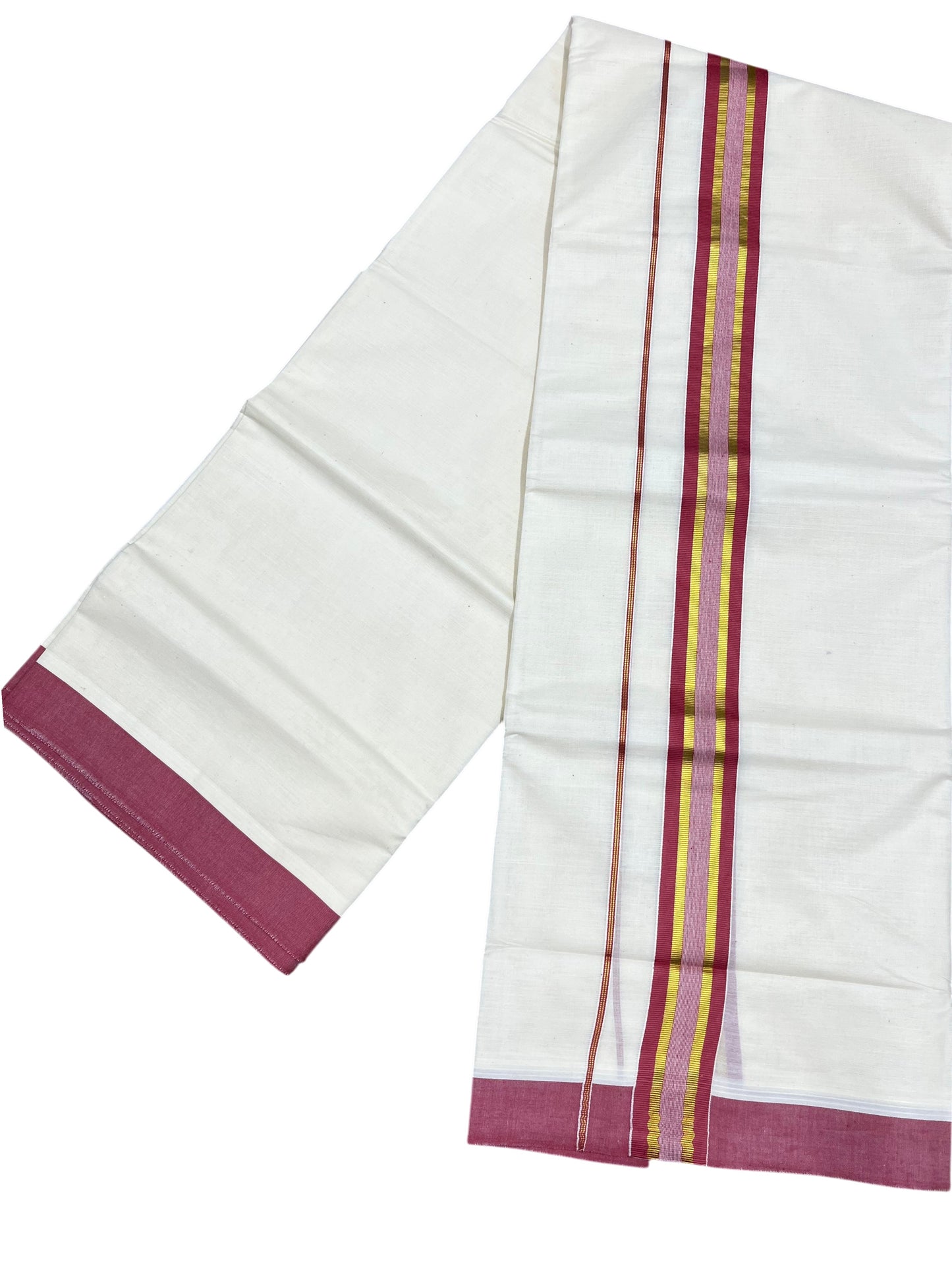 Southloom Pure Cotton Mundu with Gold lines& Orange Border (South Indian Kerala Dhoti)