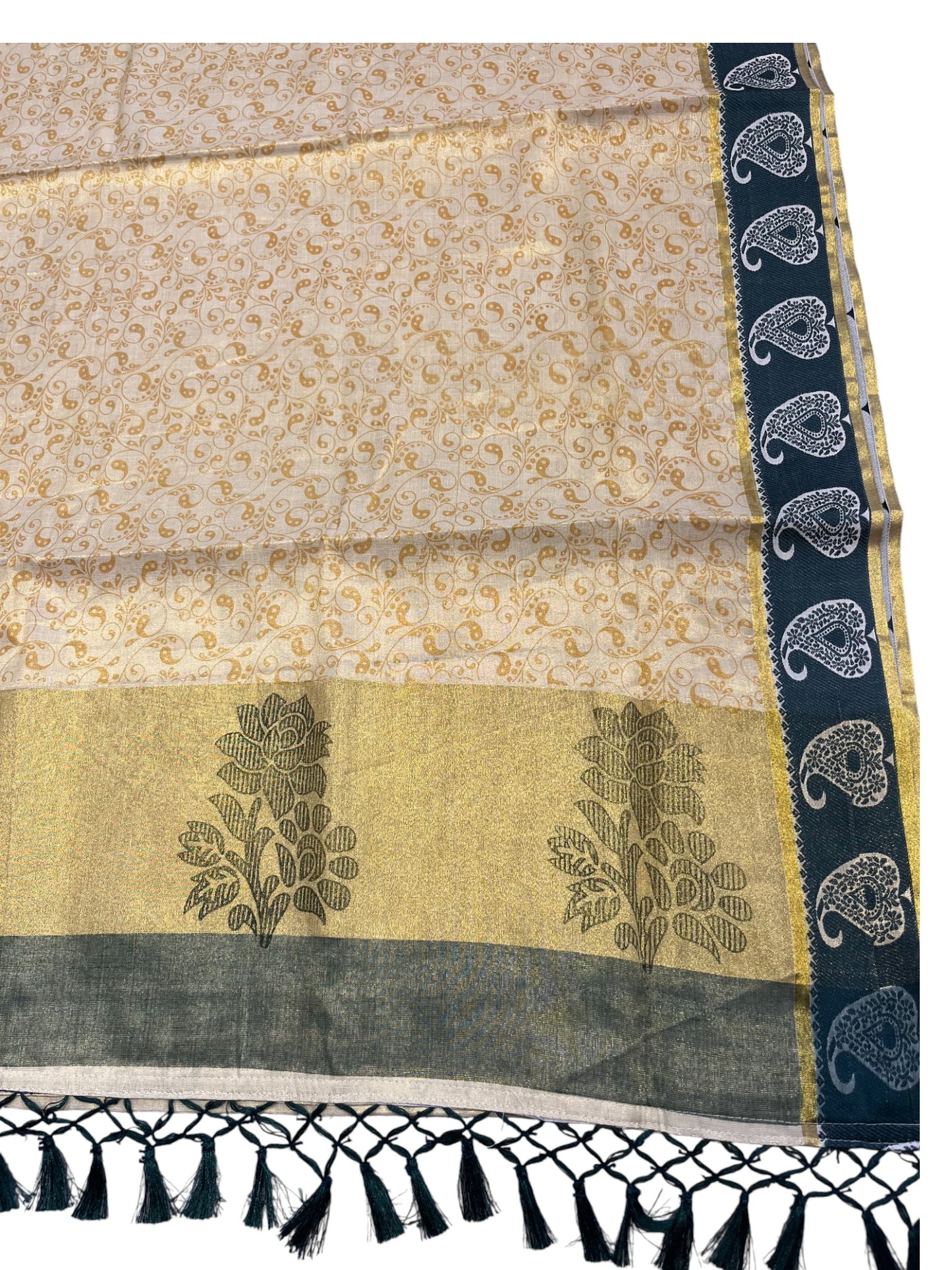 Southloom Kerala Tissue Kasavu Printed Saree with Green Floral Embroidery Works and Tassels