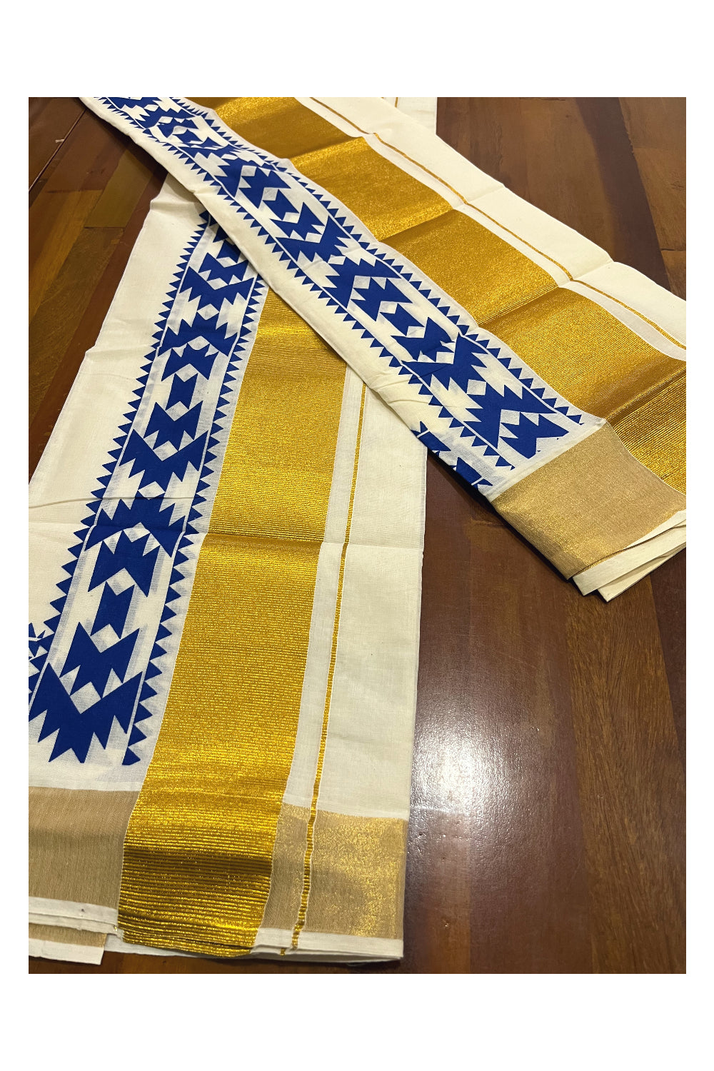 Pure Cotton Kerala Single Set Mundu (Mundum Neriyathum) with Blue Block Printed Kasavu Border