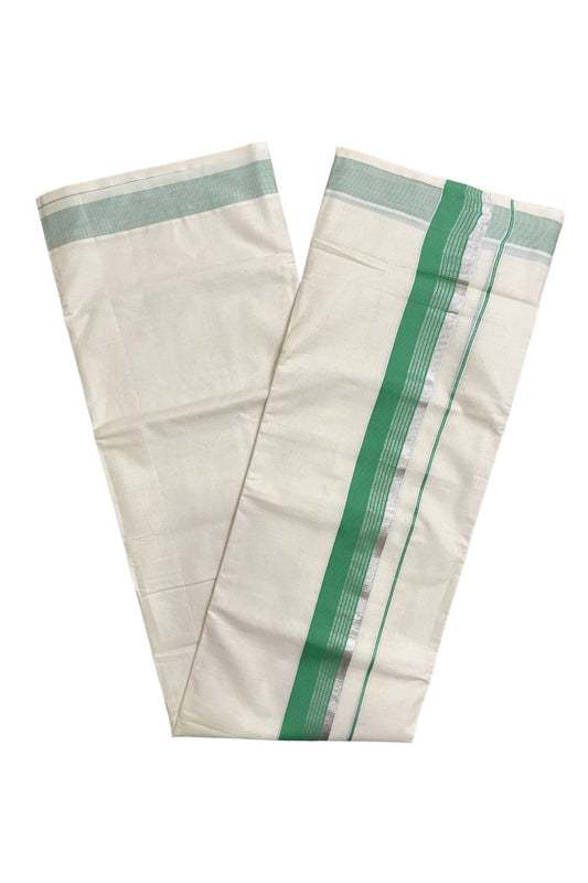 Off White Kerala Cotton Double Mundu with Silver Kasavu and Light Green Border (South Indian Kerala Dhoti)