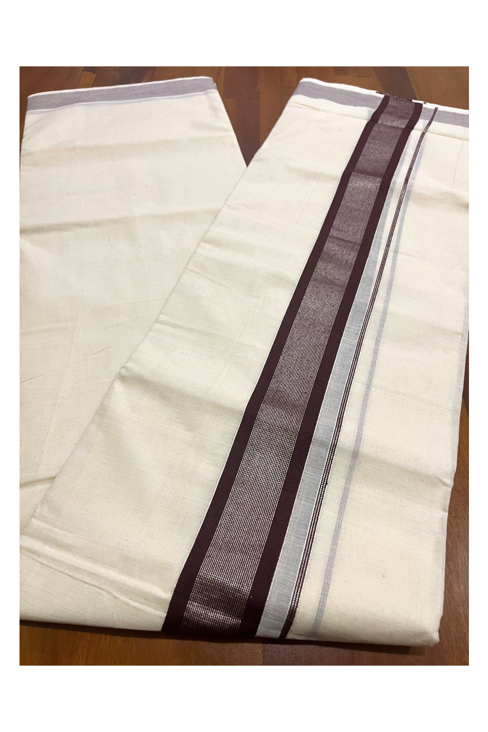 Pure Cotton Double Mundu with Brown and Silver Kasavu Kara (South Indian Kerala Dhoti)