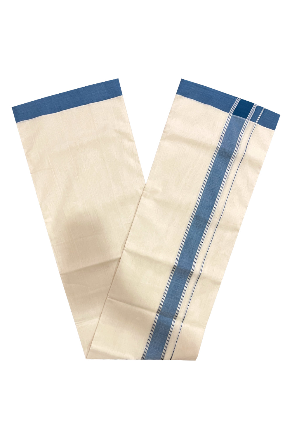 Southloom Premium Balaramapuram Unakkupaavu Handloom Mundu with Blue and Silver Kasavu Border (South Indian Kerala Dhoti)