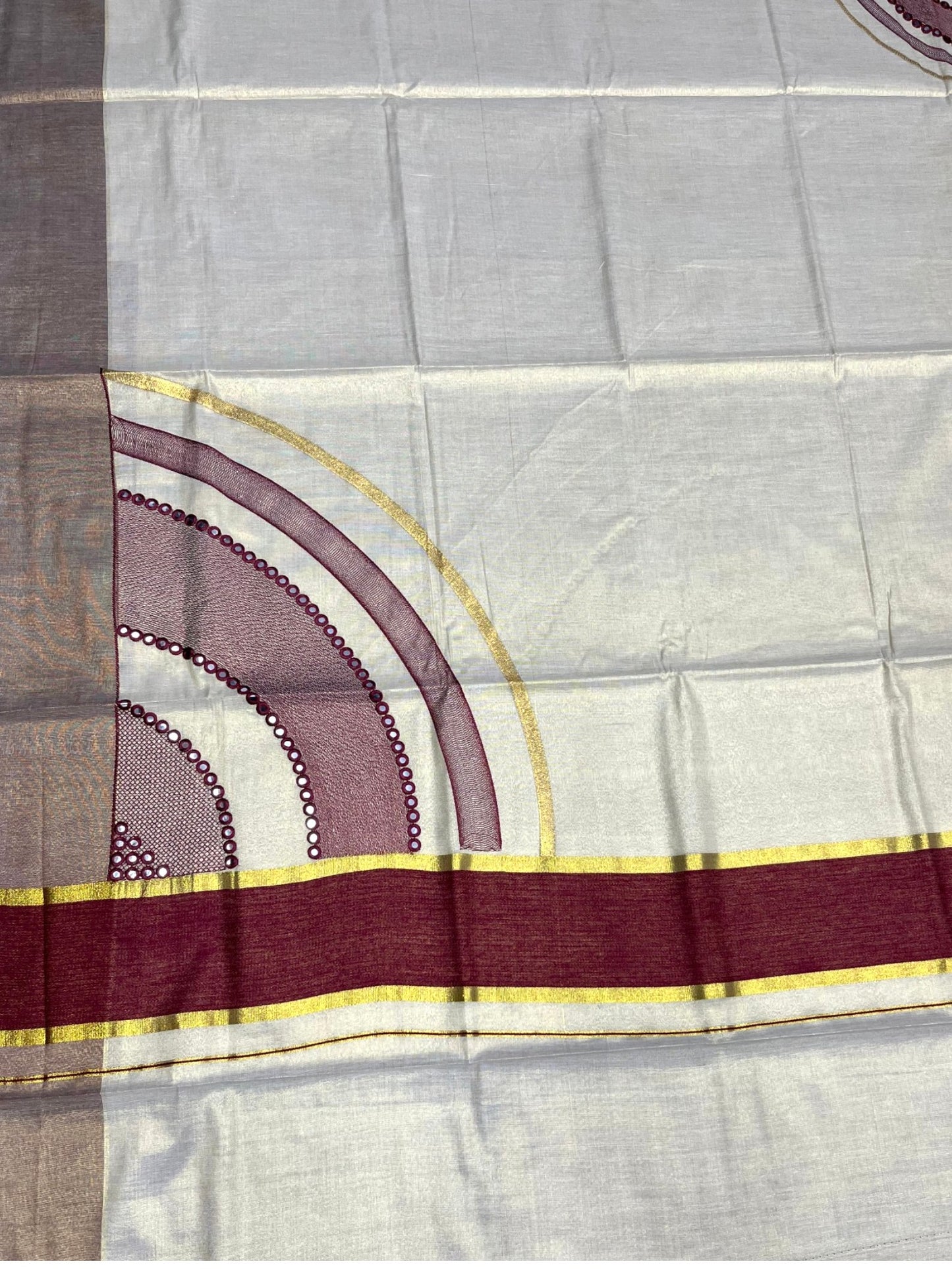 Southloom Kerala Tissue Kasavu Saree with Maroon Mirror Work