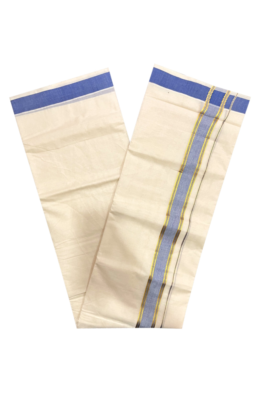 Kerala Pure Cotton Double Mundu with Blue and Kasavu Border (South Indian Kerala Dhoti)