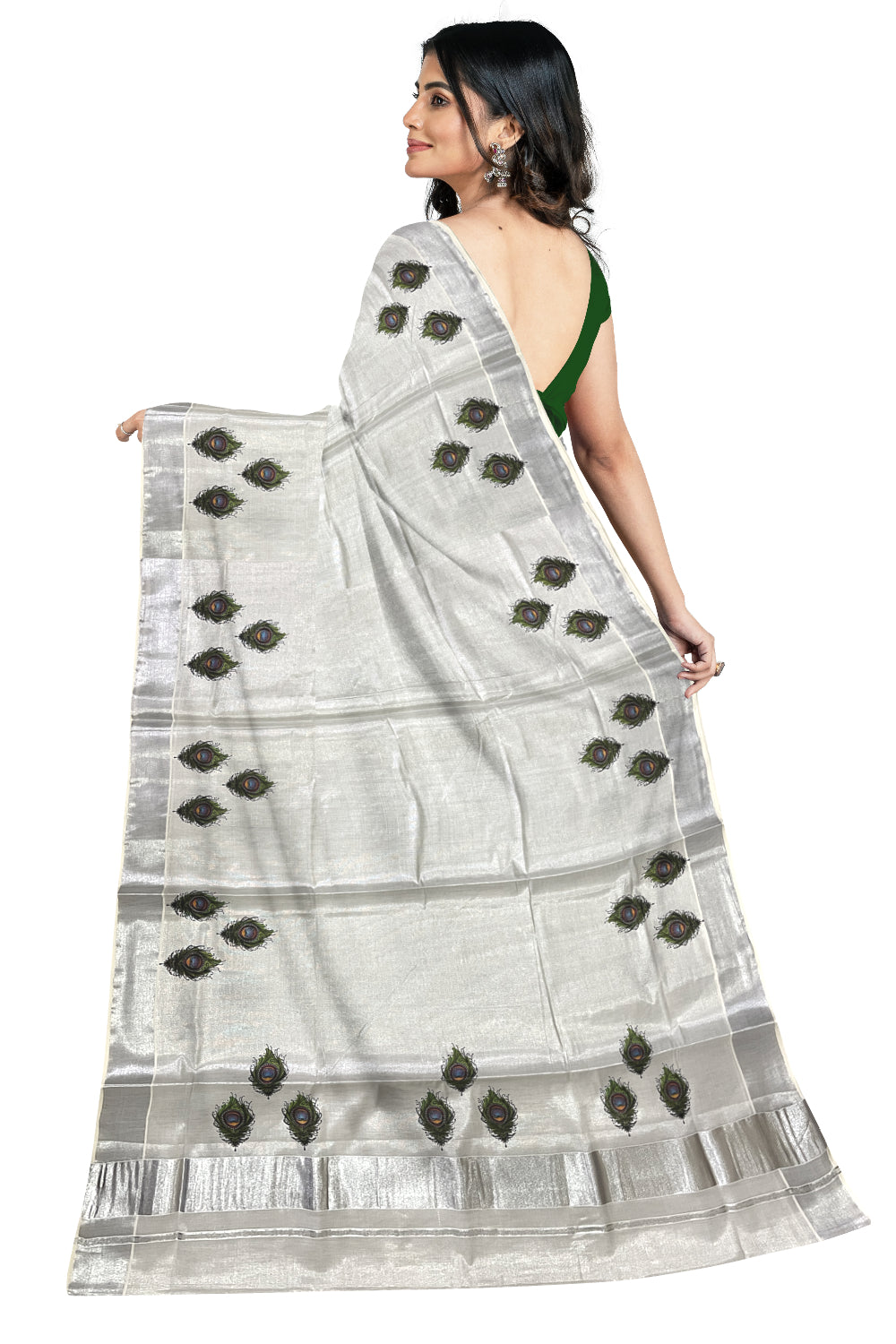 Kerala Silver Tissue Kasavu Saree with Feather Mural Printed Design