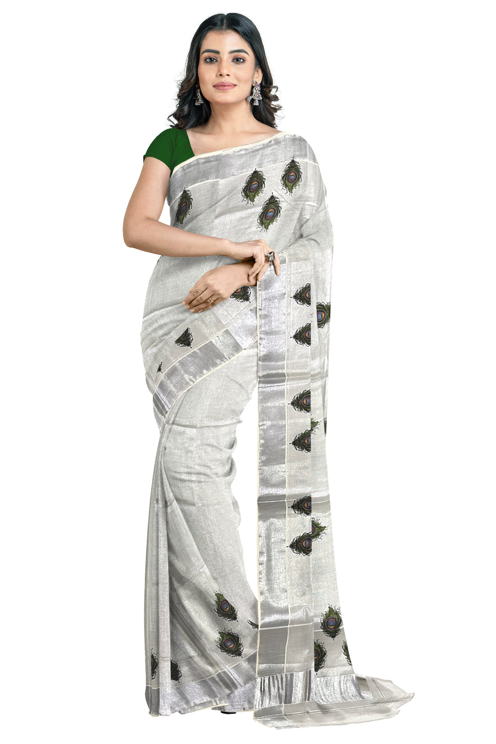 Kerala Silver Tissue Kasavu Saree with Feather Mural Printed Design