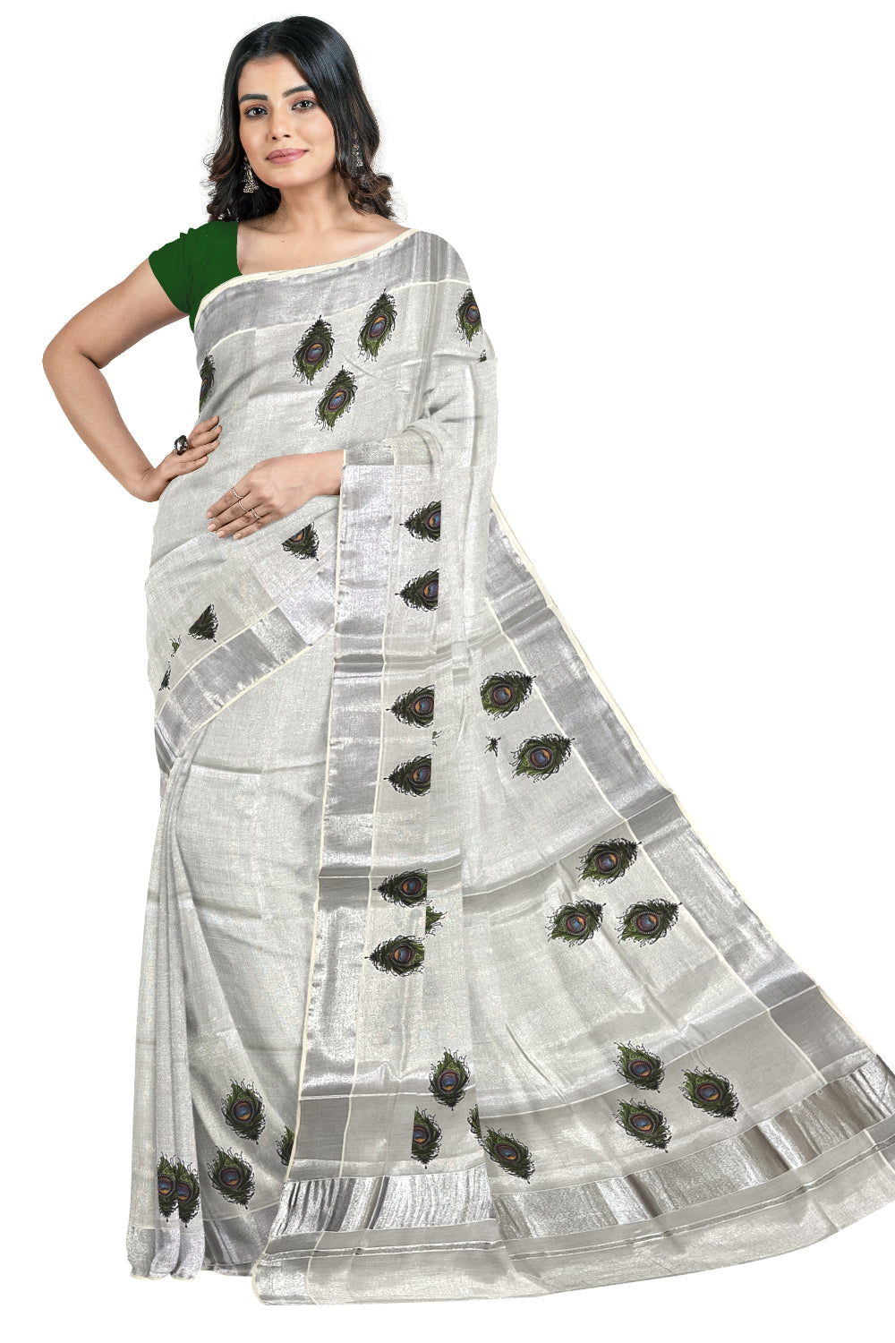 Kerala Silver Tissue Kasavu Saree with Feather Mural Printed Design