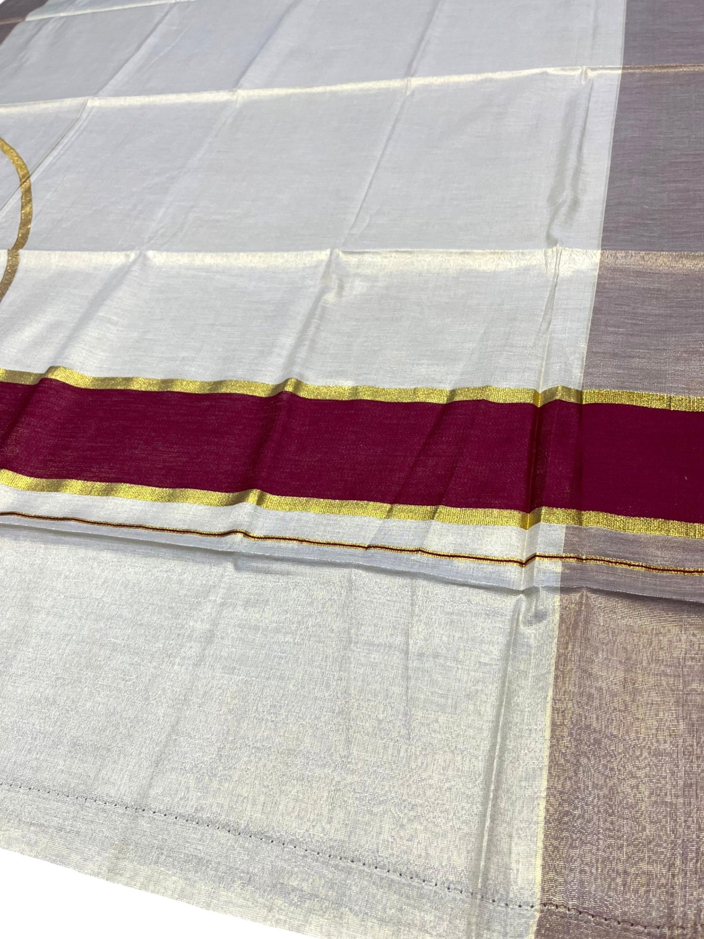 Southloom Kerala Tissue Kasavu Saree with Maroon Mirror Work