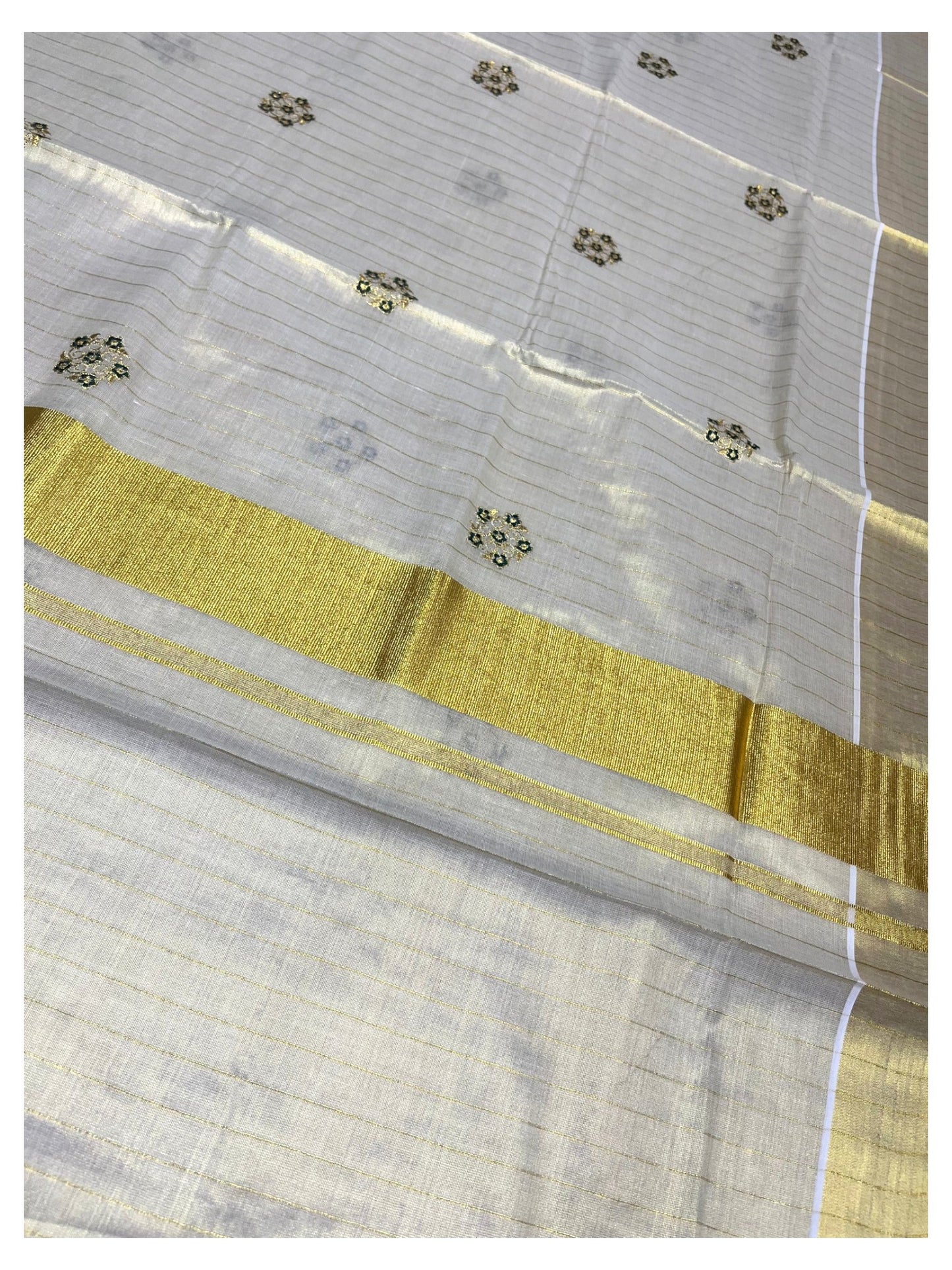 Southloom Kerala Tissue Kasavu Lines Saree with Blue Floral Embroidery Design on Body