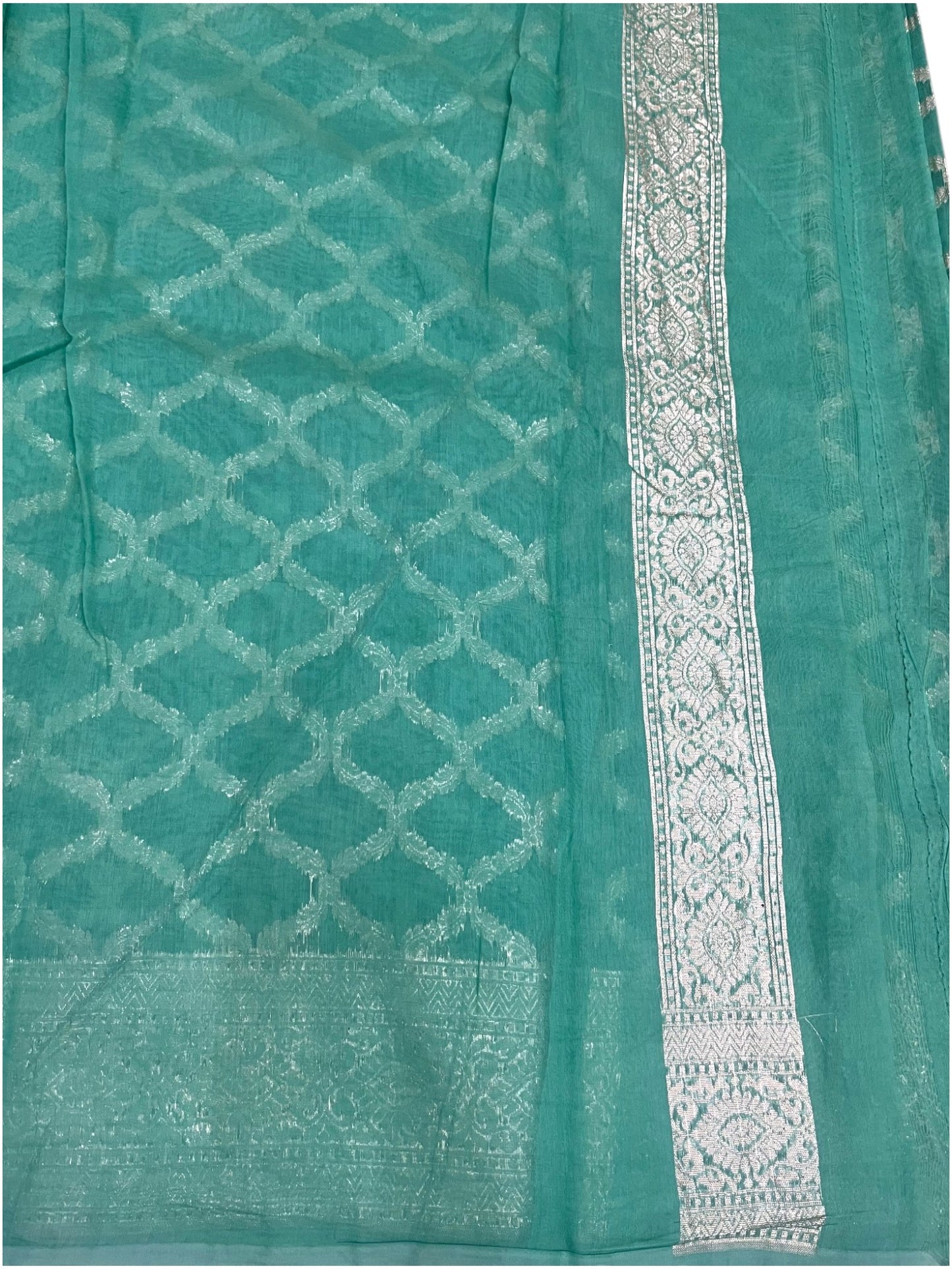 Southloom Cotton Banarasi Silk Saree with Woven Work on Body and Borders (Green)