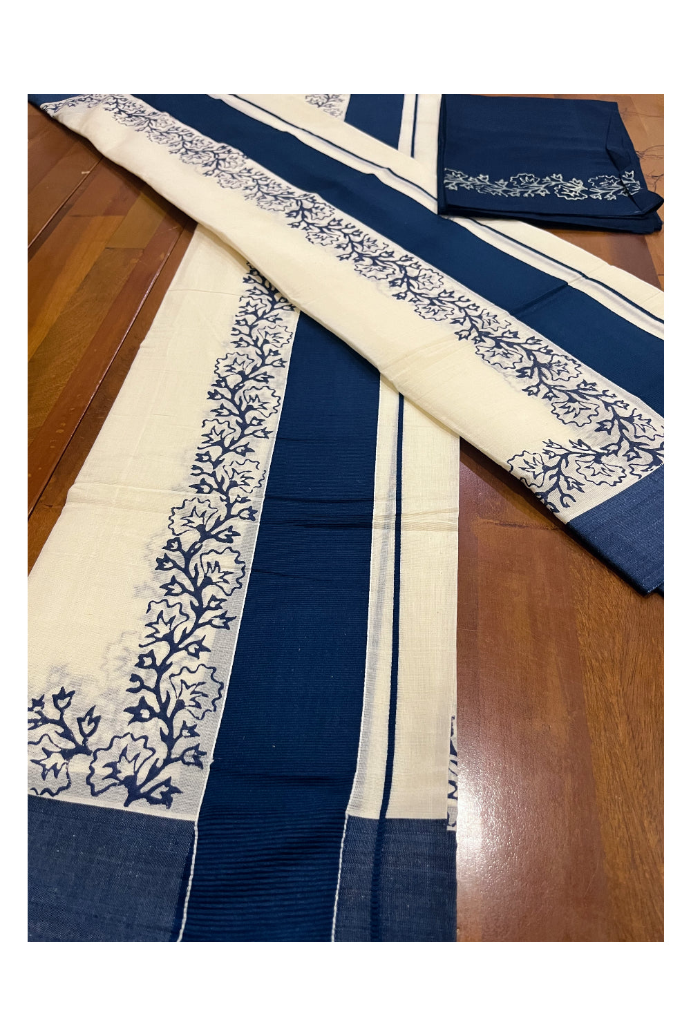 Pure Cotton Kerala Single Set Mundu (Mundum Neriyathum) with Block Printed Border and Dark Teal Blue Blouse Piece