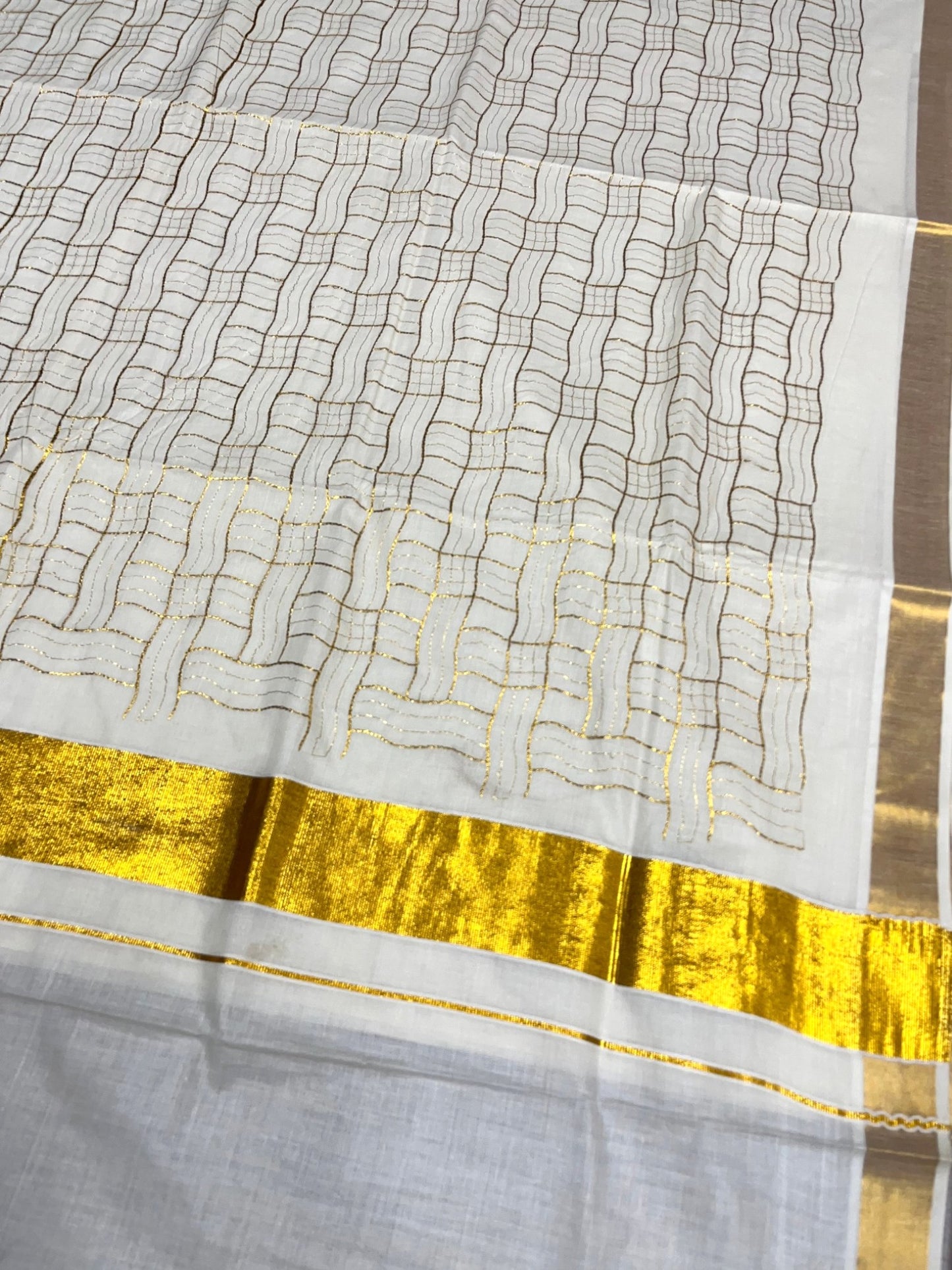 Southloom Cotton Kerala Kasavu Saree with Golden Embroidery Work on Body
