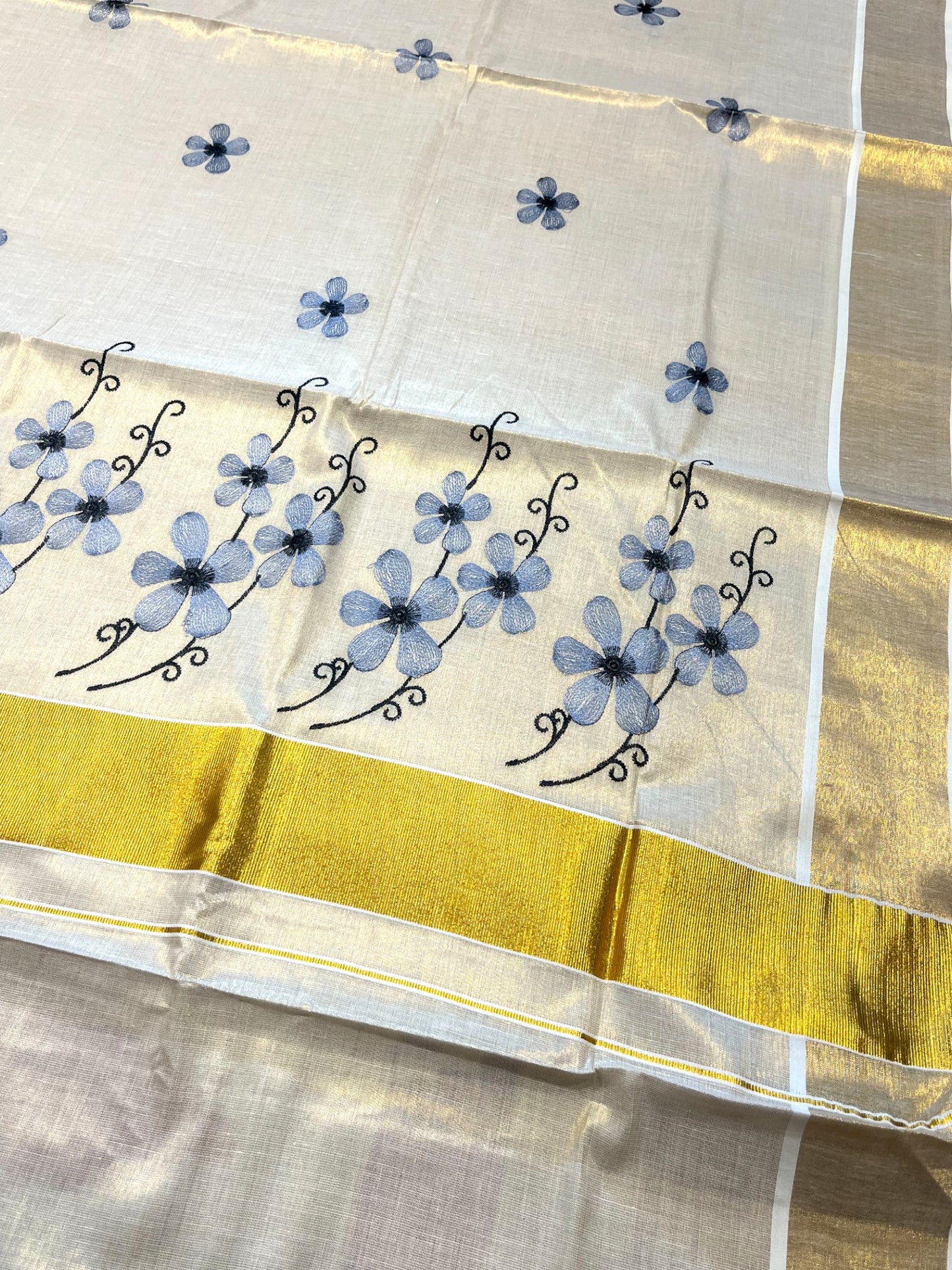 Southloom Kerala Tissue Kasavu Saree with Lavendar Floral Embroidery on Body and Border
