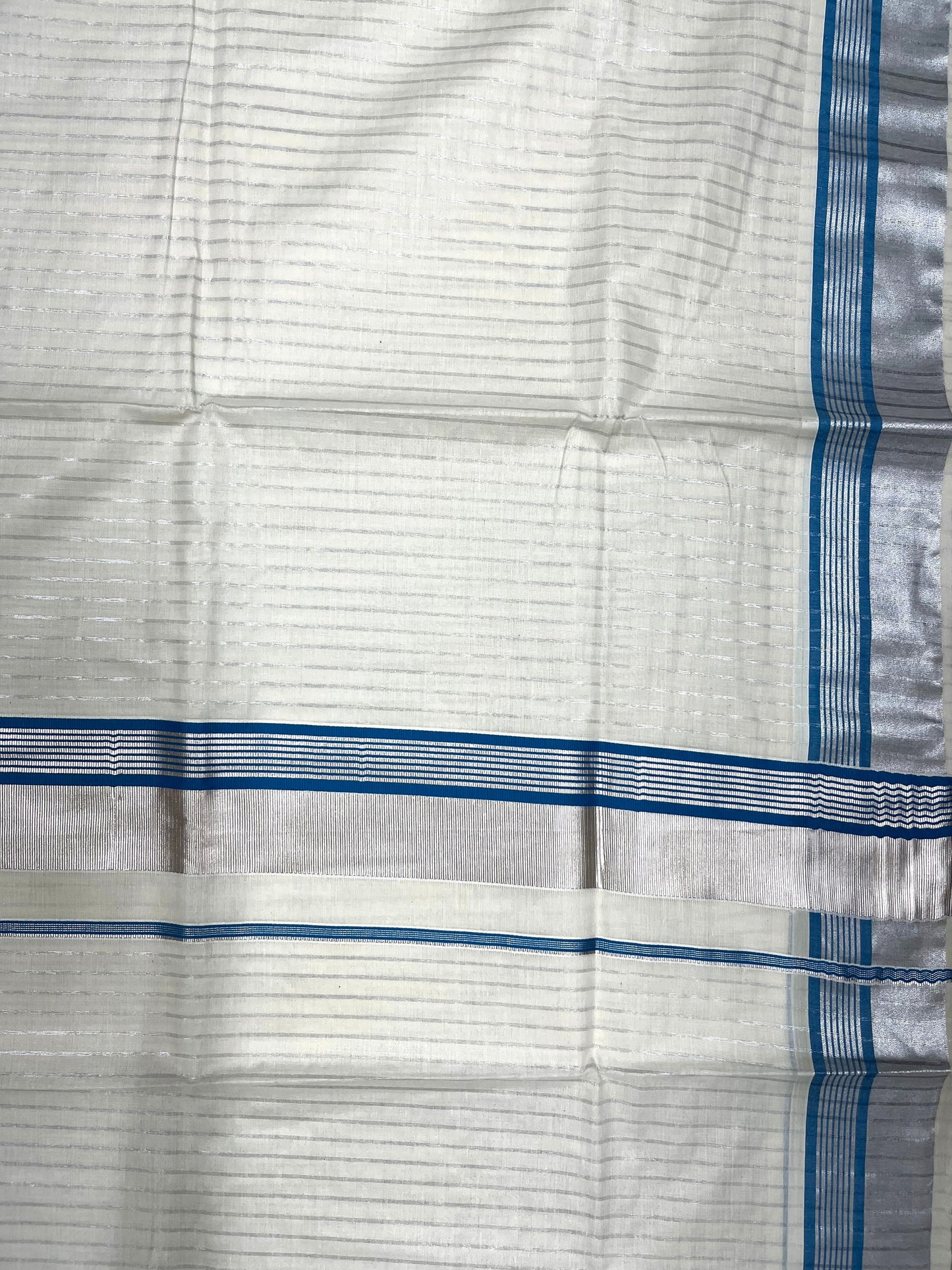 Southloom Pure Cotton Kerala Silver Kasavu Lines Saree with Blue and Silver Border