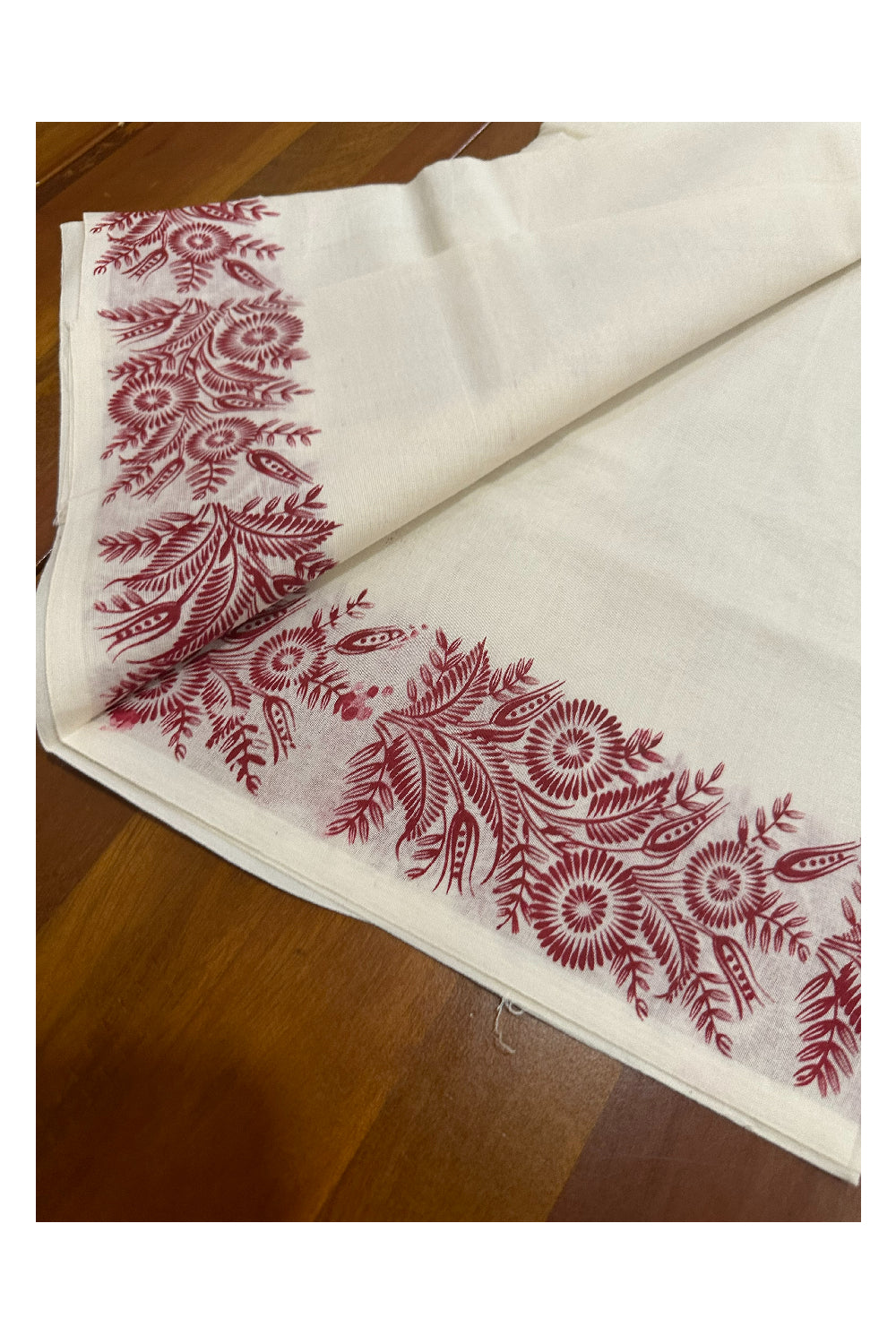 Kerala Cotton Set Mundu (Mundum Neriyathum) with Maroon Floral Block Printed Border (Onam Set Mundu 2023)