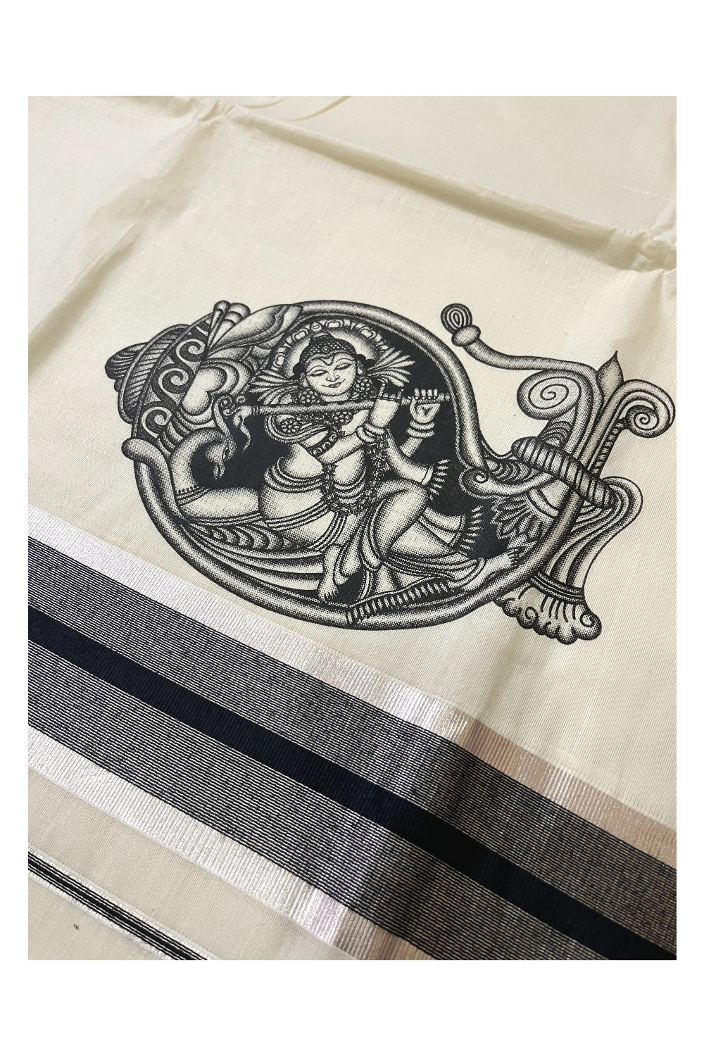 Pure Cotton Kerala Silver Kasavu Saree with Krishna on Shell Mural Prints and Black Border