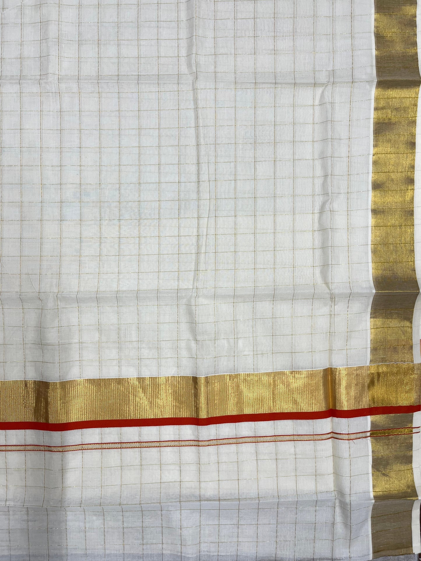 Southloom Pure Cotton  Kerala  Kasavu Woven Check Saree with Orange Border