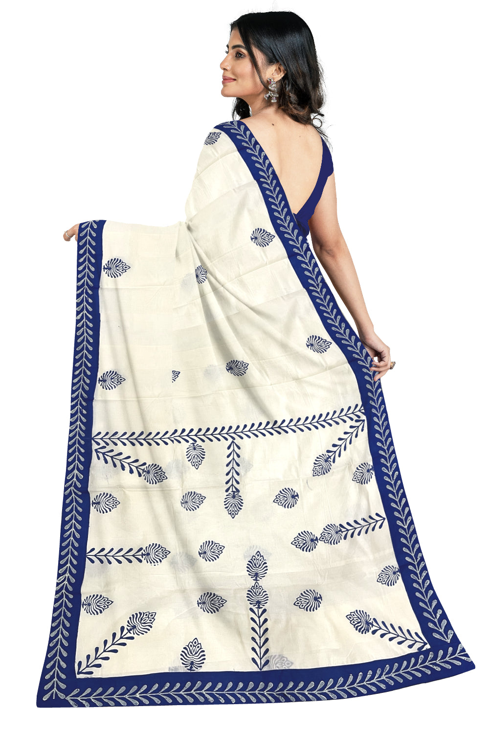 Pure Cotton Onam 2023 Kerala Saree with Hand Block Blue Batik Prints