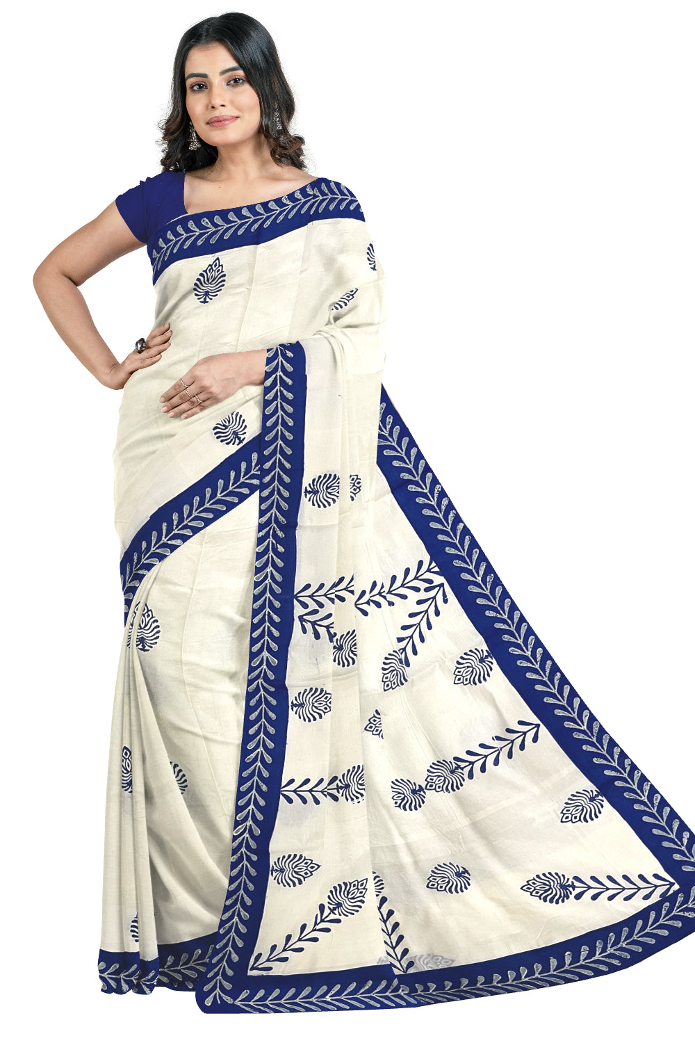 Pure Cotton Onam 2023 Kerala Saree with Hand Block Blue Batik Prints