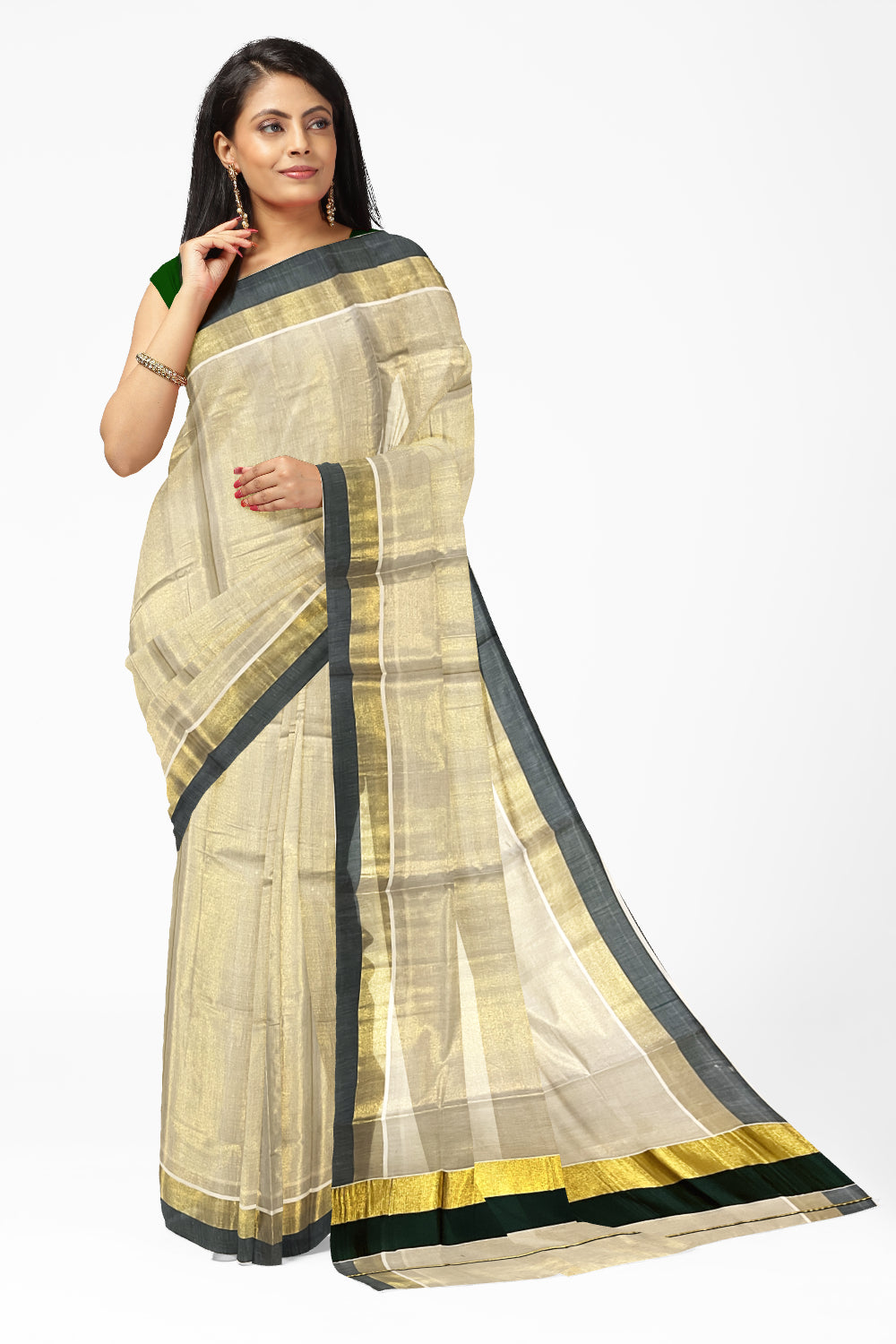 Kerala Tissue Kasavu Plain Saree with Kasavu and Green Border