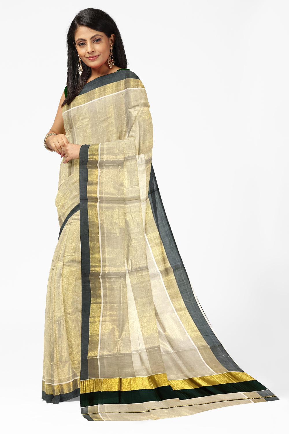 Kerala Tissue Kasavu Plain Saree with Kasavu and Green Border