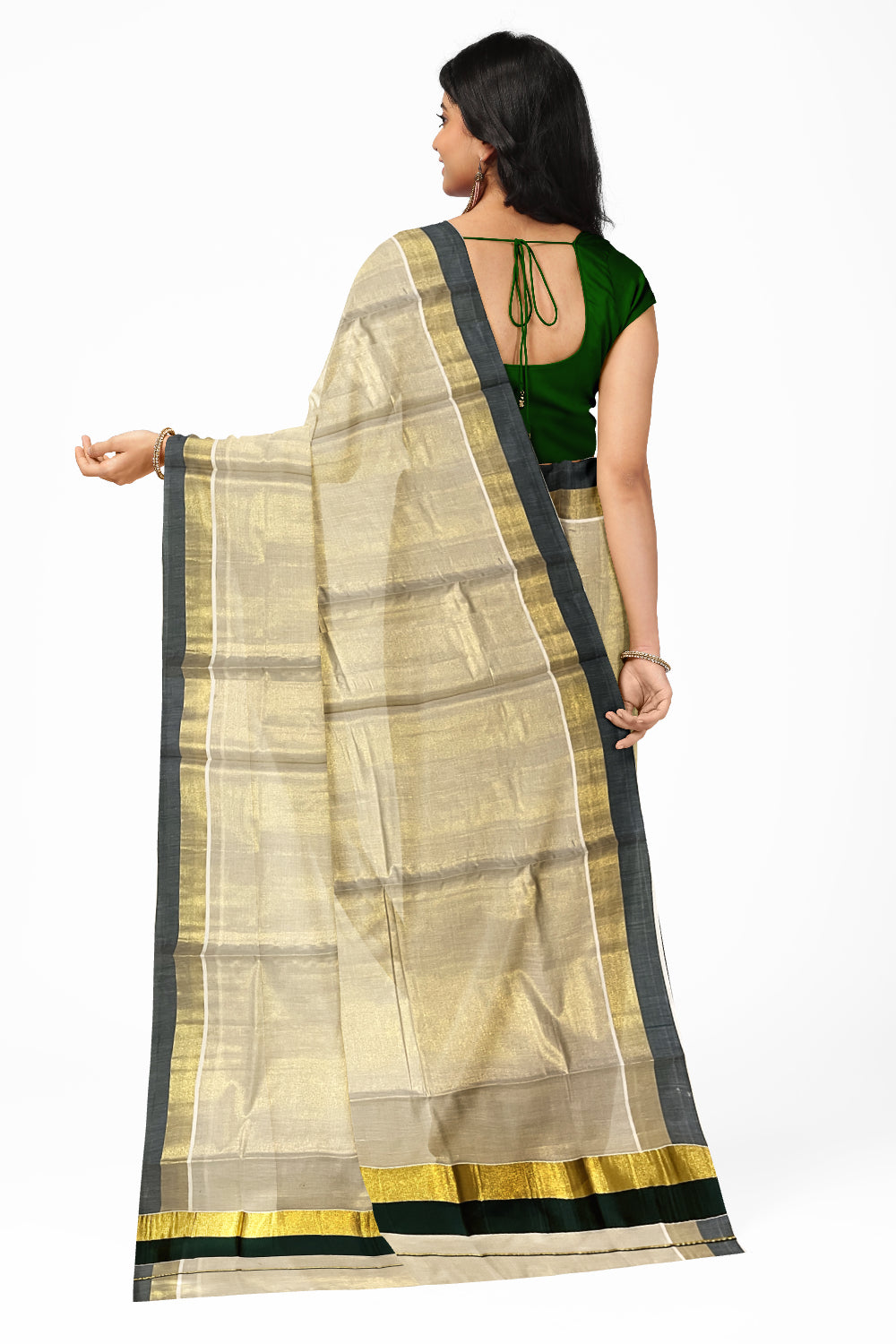 Kerala Tissue Kasavu Plain Saree with Kasavu and Green Border