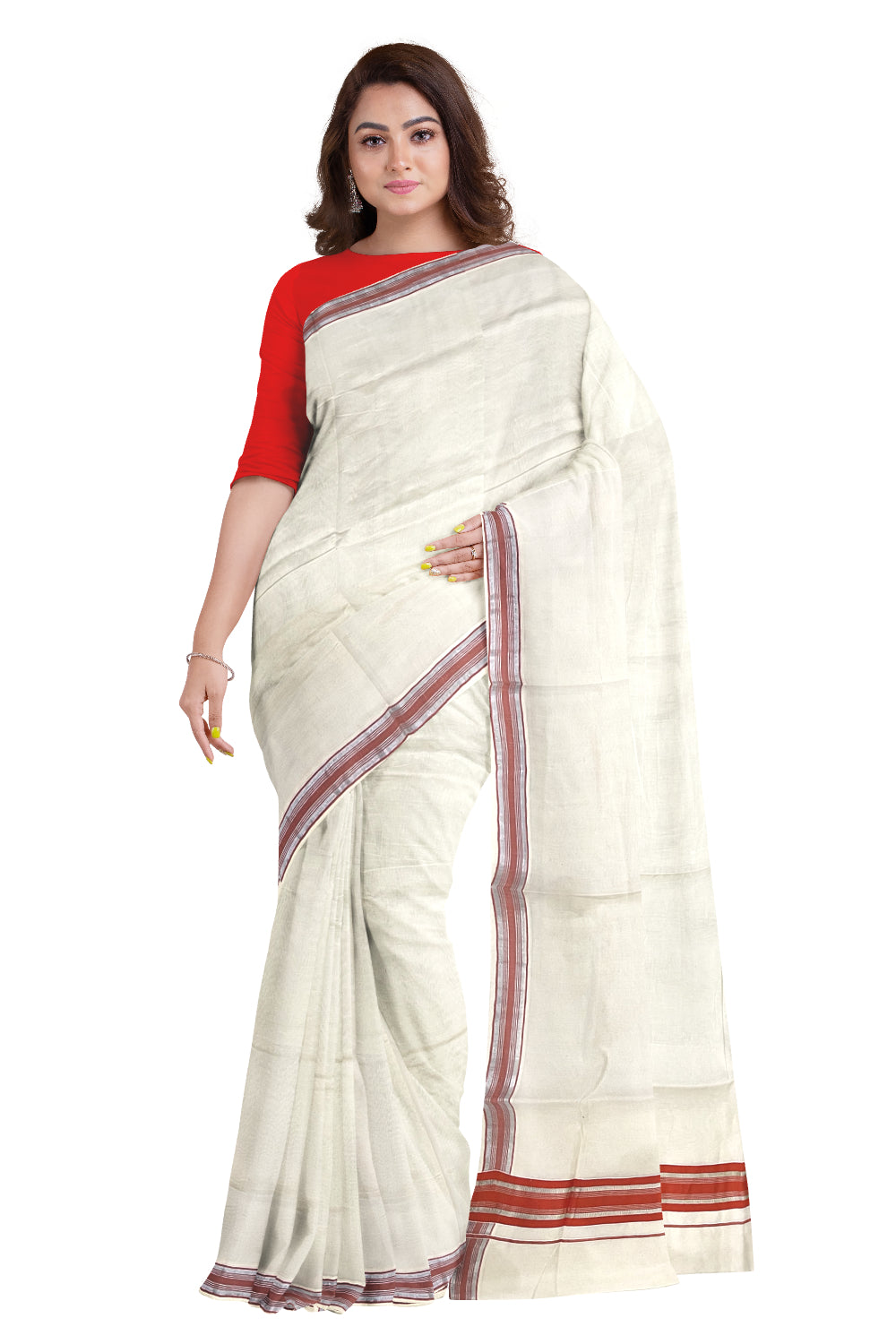 Pure Cotton Kerala Saree with Orange and Silver Kasavu Border