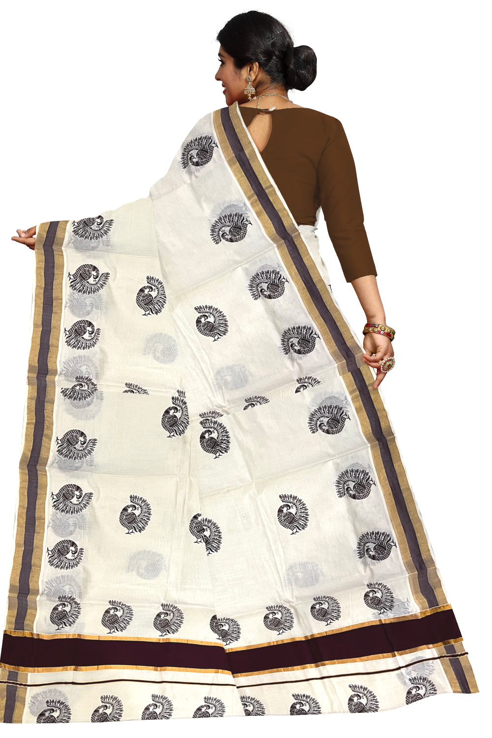 Pure Cotton Kerala Kasavu Saree with Peacock Block Printed Brown Border (Onam Saree 2023)