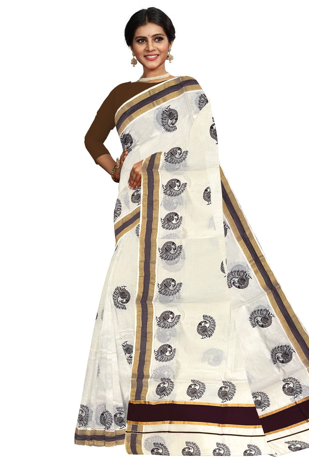 Pure Cotton Kerala Kasavu Saree with Peacock Block Printed Brown Border (Onam Saree 2023)