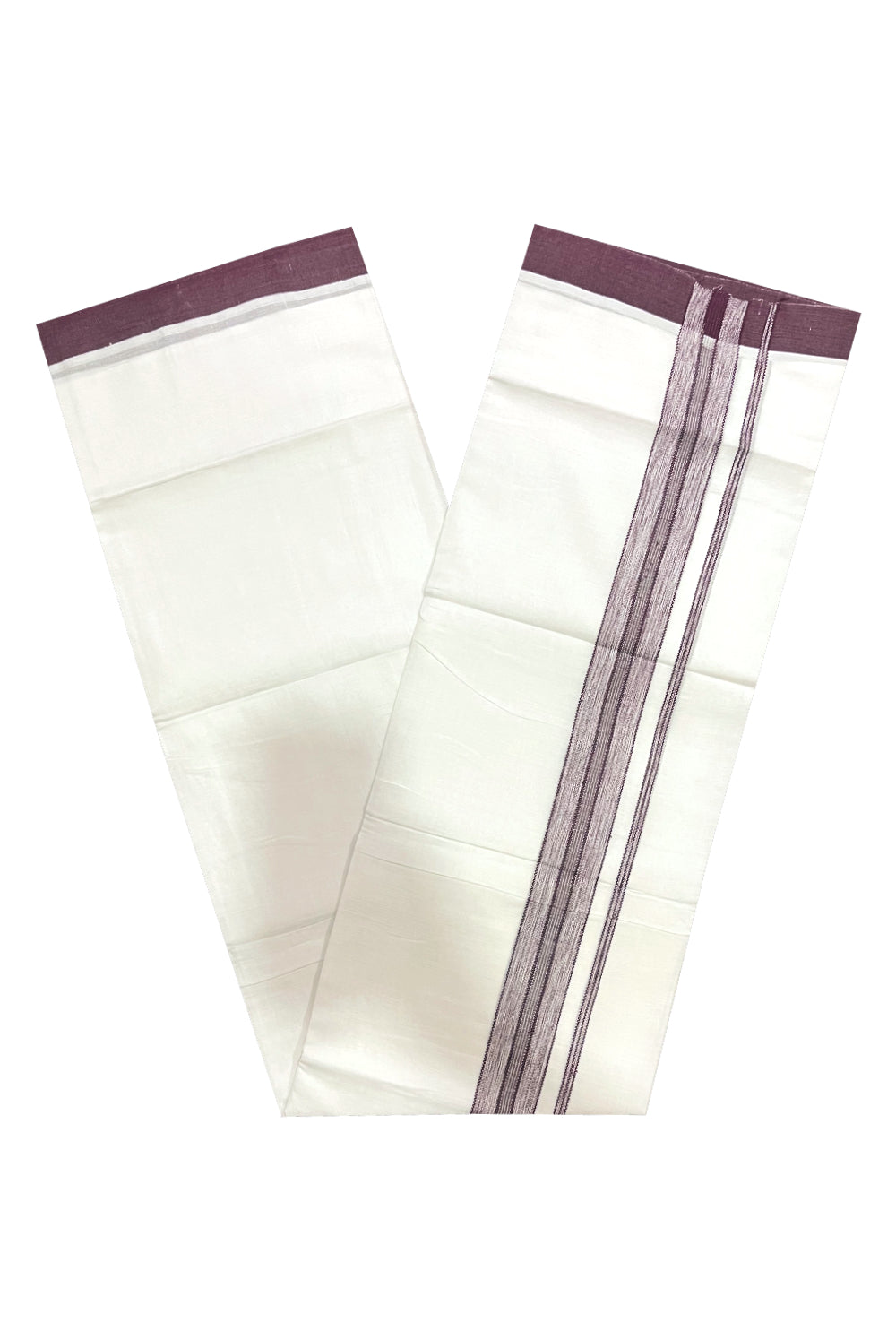 Pure White Cotton Double Mundu with Purple Border (South Indian Kerala Dhoti)