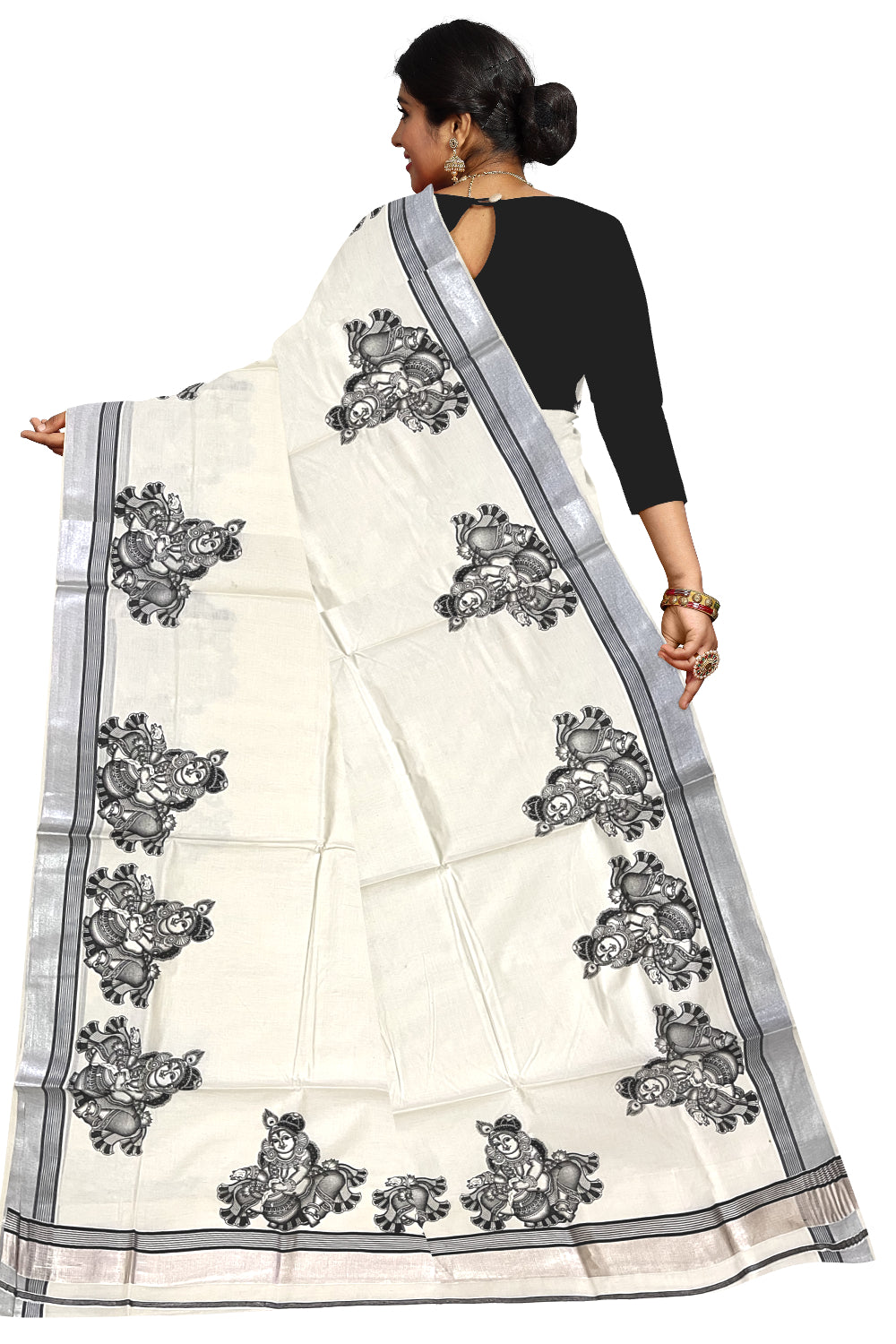 Pure Cotton Kerala Silver Kasavu Saree with Krishna Mural Prints and Black Border (Onam Saree 2023)