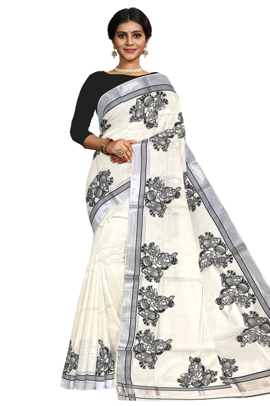 Pure Cotton Kerala Silver Kasavu Saree with Krishna Mural Prints and Black Border (Onam Saree 2023)