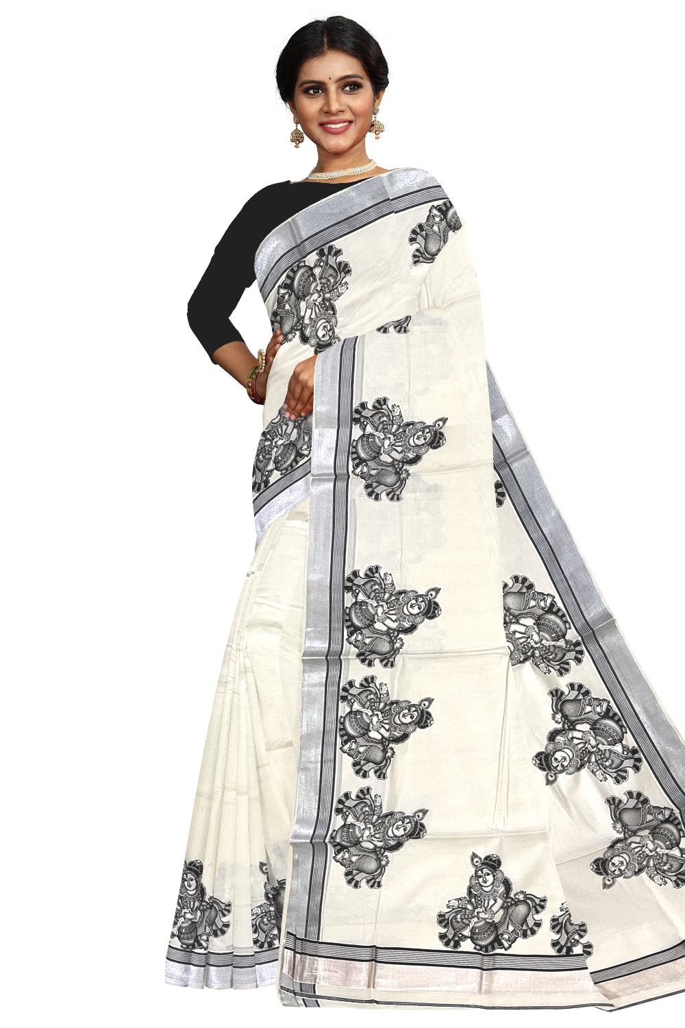 Pure Cotton Kerala Silver Kasavu Saree with Krishna Mural Prints and Black Border (Onam Saree 2023)